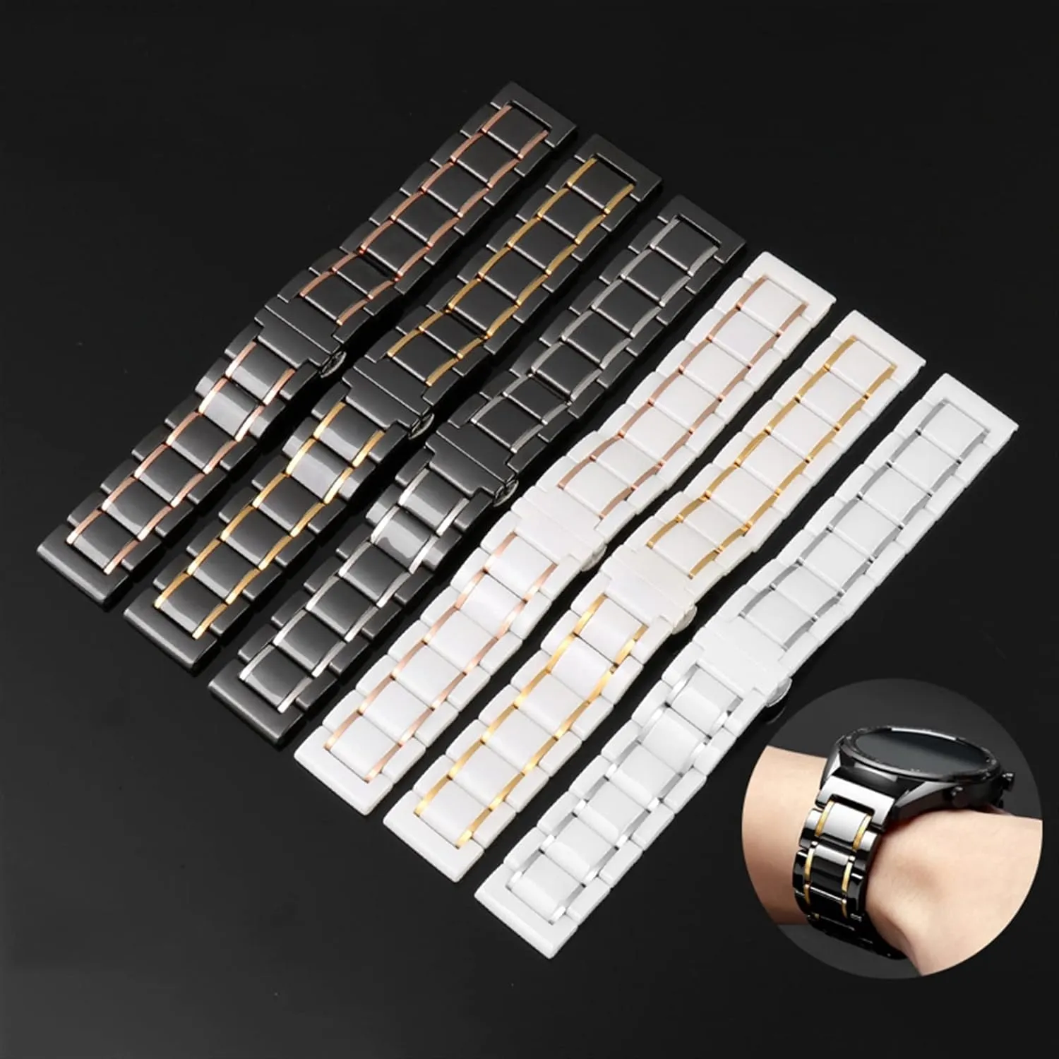 : 22mm) Luxury Ceramic and Stainless Steel 20mm 22mm Black Gold Strap for Men Women Watch Strap Bracelet Wristband mammoth mathematics (Color : Black X Silver, Size 