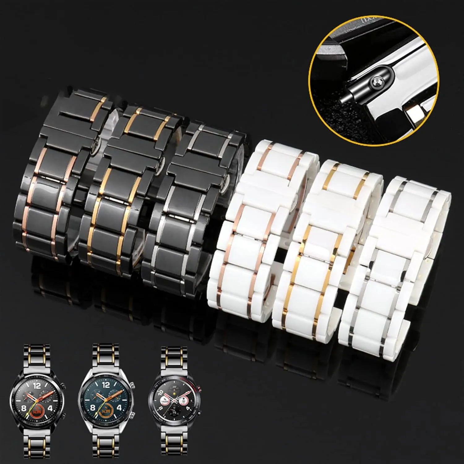 : 22mm) Luxury Ceramic and Stainless Steel 20mm 22mm Black Gold Strap for Men Women Watch Strap Bracelet Wristband mammoth mathematics (Color : Black X Silver, Size 