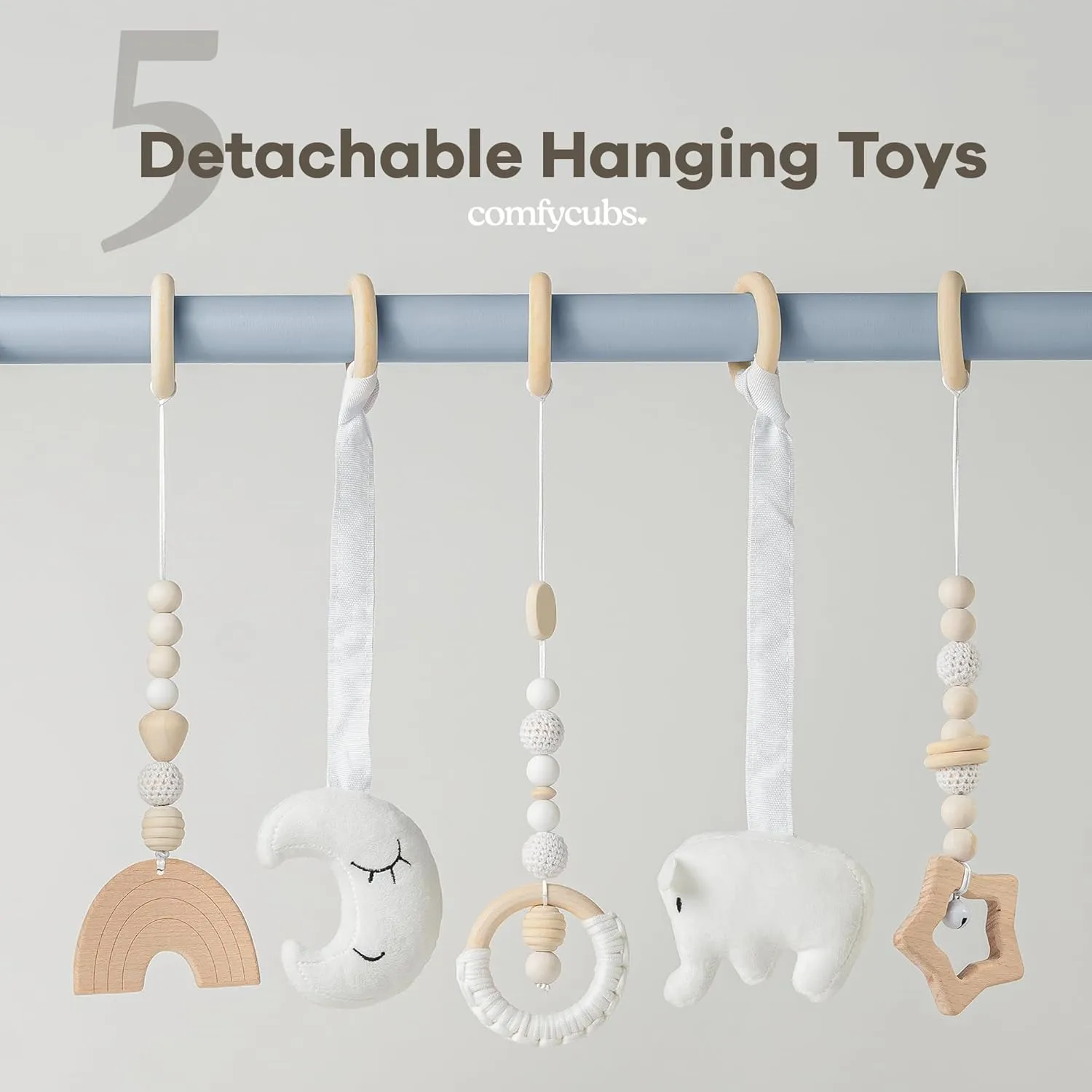 - Easy No-Tool Assembly, Safe and Durable for Infant Motor and Visual Development - Pacific Blue Comfy Cubs Wooden Baby Play Gym toolmaker - Natural Finish Pinewood Baby Activity Gym with 5 Sensory Hanging Toys 