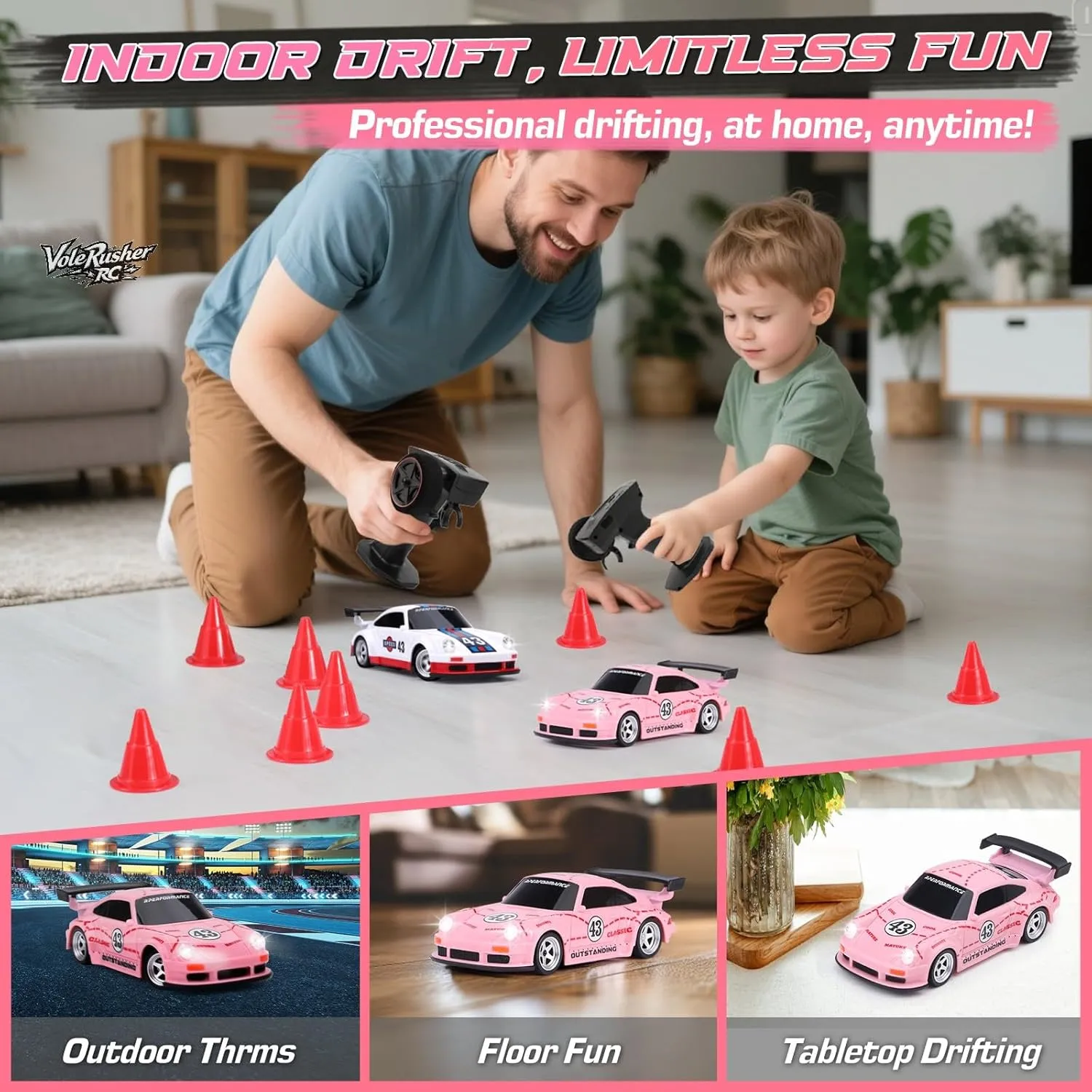 - Pink 1/43 Scale Mini RC Drift Car - Micro Small gospel with Full Proportional RTR 2.4GHz Remote, 2 Tire Sets, 8 Cones, High Speed Desk Rc Drift Car with LED Lights 