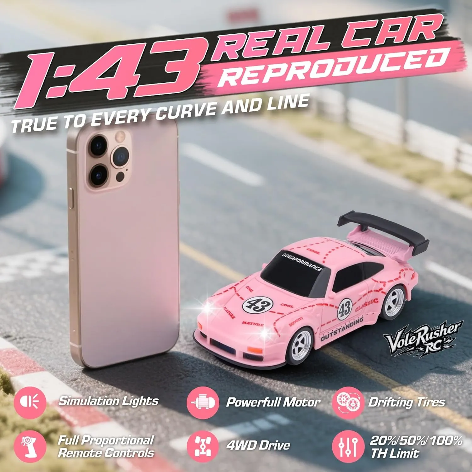 - Pink 1/43 Scale Mini RC Drift Car - Micro Small gospel with Full Proportional RTR 2.4GHz Remote, 2 Tire Sets, 8 Cones, High Speed Desk Rc Drift Car with LED Lights 