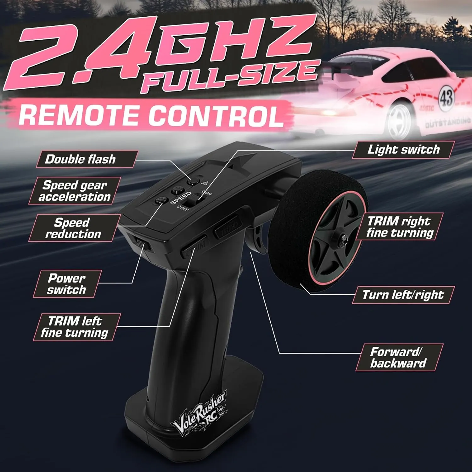 - Pink 1/43 Scale Mini RC Drift Car - Micro Small gospel with Full Proportional RTR 2.4GHz Remote, 2 Tire Sets, 8 Cones, High Speed Desk Rc Drift Car with LED Lights 