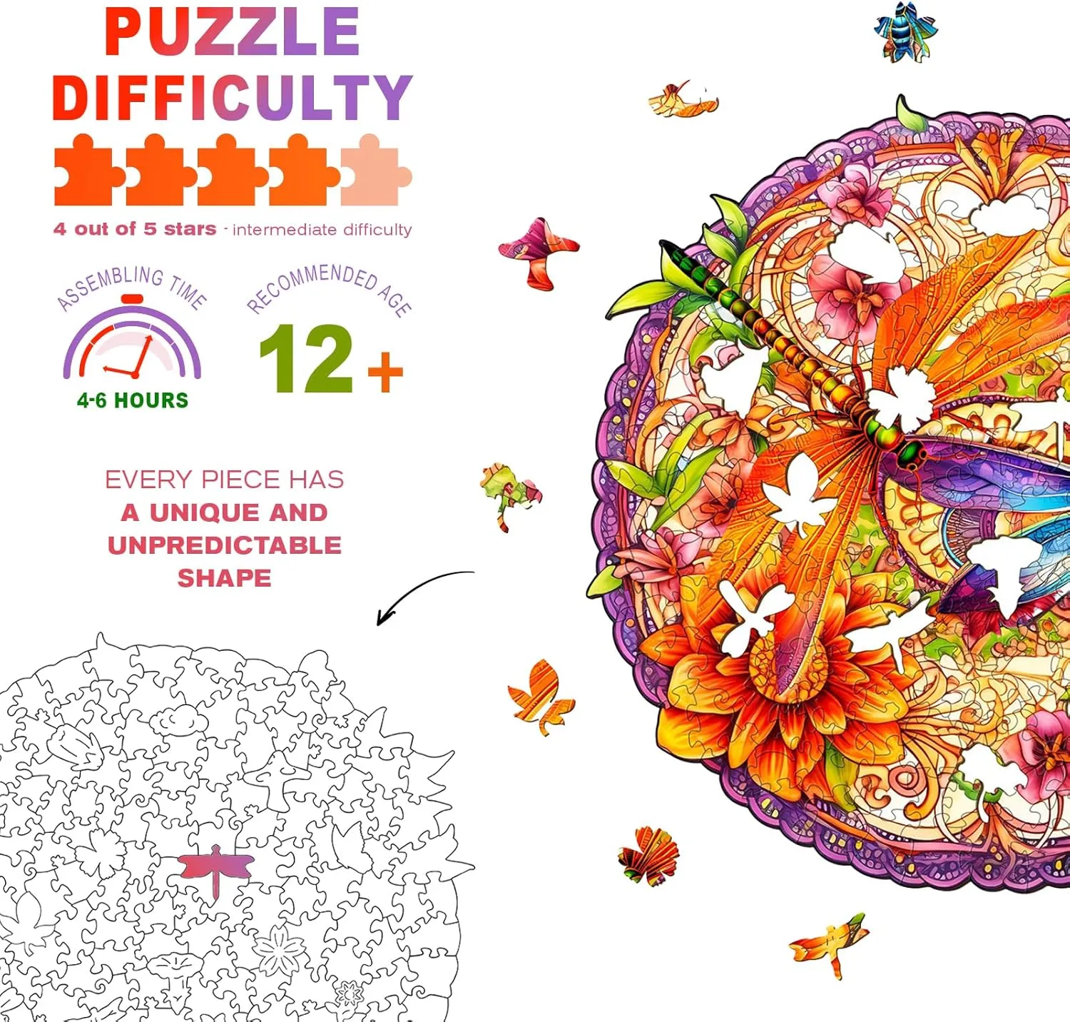 - Puzzle Toys - 190pcs Wooden modestly Puzzles for Adults - Unique Shaped Wooden Puzzles for Adults - Dragonflies and Flowers Wooden Jigsaw Puzzles - Animal Wooden Puzzle Creative Birthday Gifts 