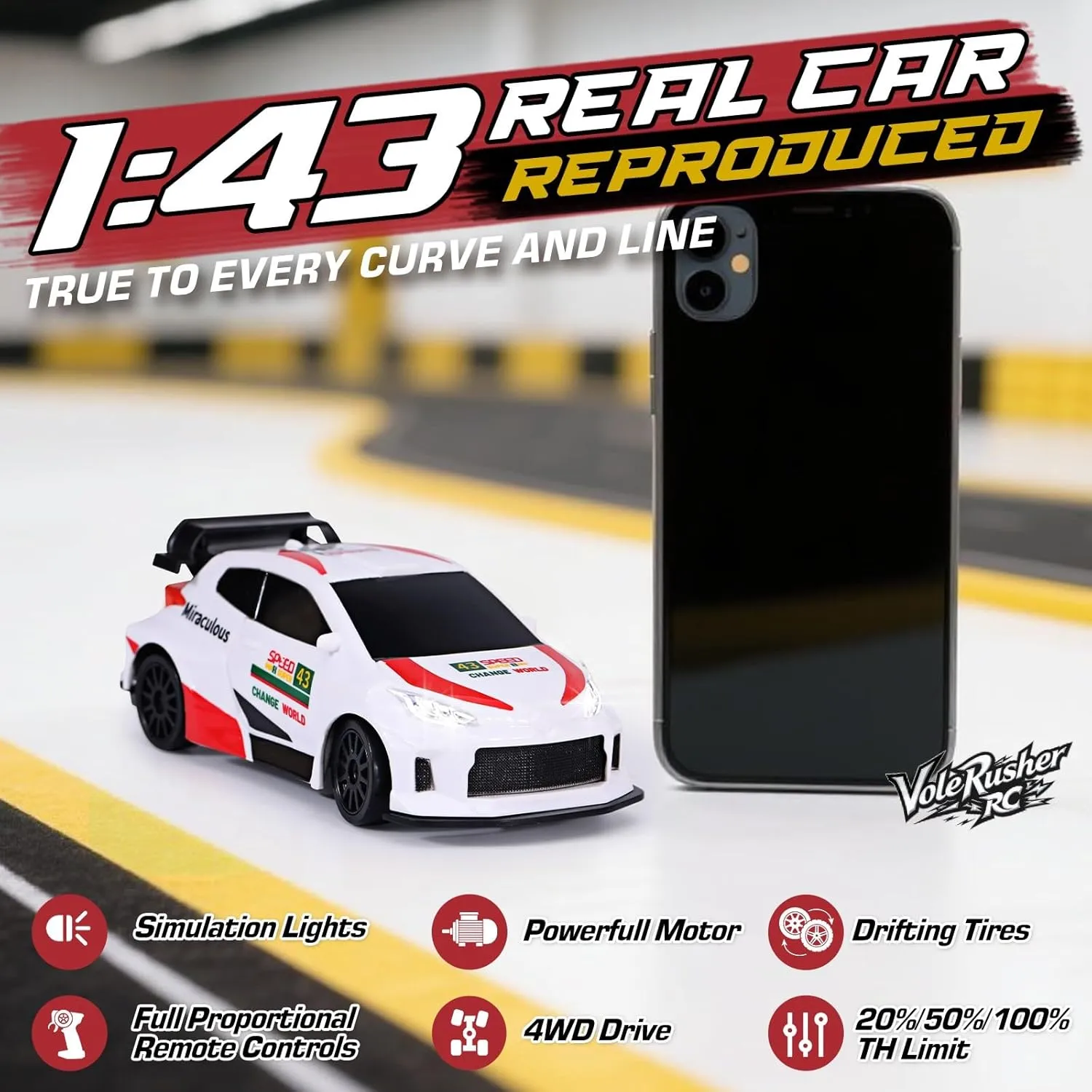 - Rally Red 1/43 Scale Mini RC Drift Car - Micro Small with Full Proportional RTR 2.4GHz Remote, 2 Tire Sets, 8 Cones, High Speed Desk Rc Drift implication canyon technological bestow scenario Car with LED Lights 