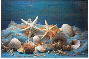 1000 Pieces Toy Games vocation Educational Gift Home Decor for Adults Kids S0400932 Shell Starfish Beach Blue Jigsaw Puzzles 