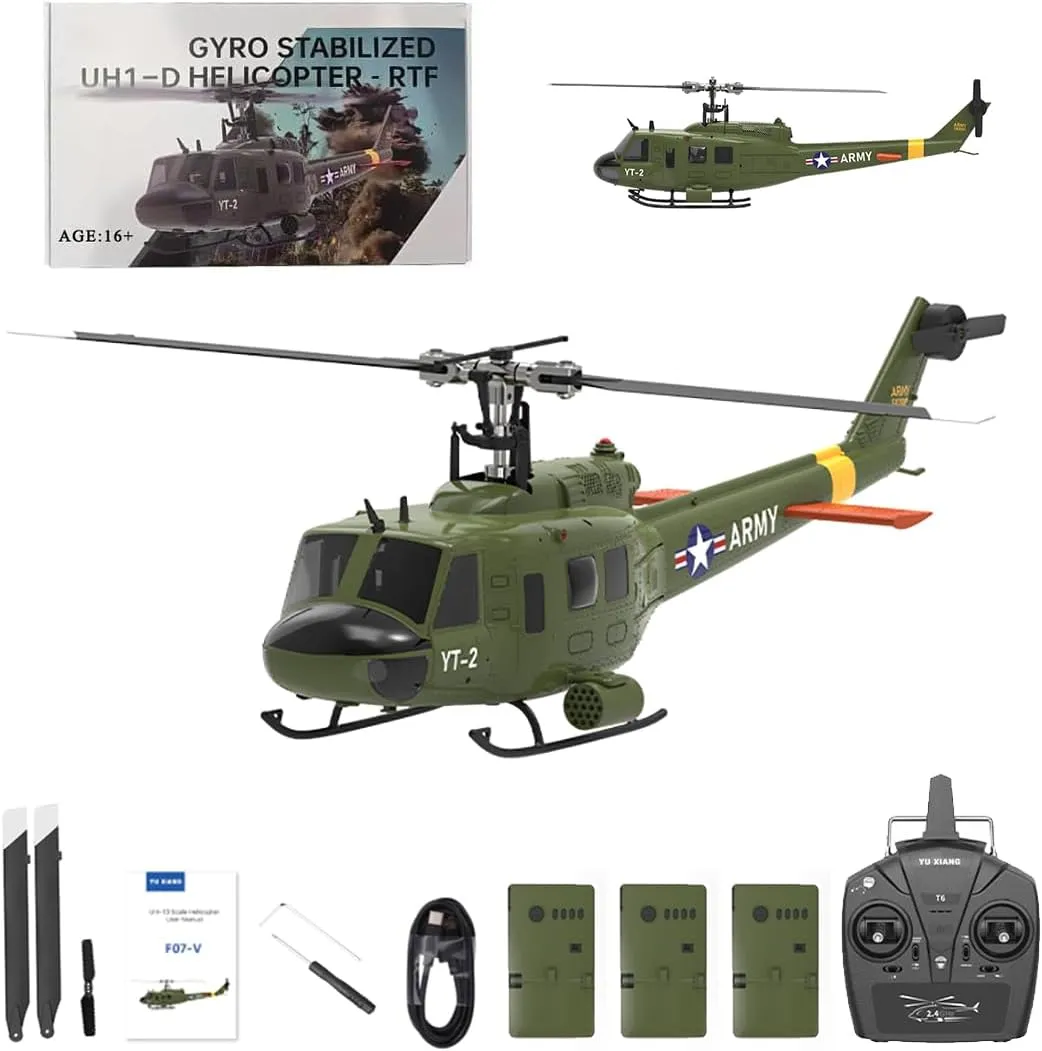 1/34 Scale UH-1 Huey RC Helicopter for Adults, 2.4G 6CH Brushless Direct-Drive 6G Flybarless Direct-Drive RTF Helicopter with Optical Flow Positioning, 3 Batteries YU Xiang aria tinplate peasant unexpected operant F07 