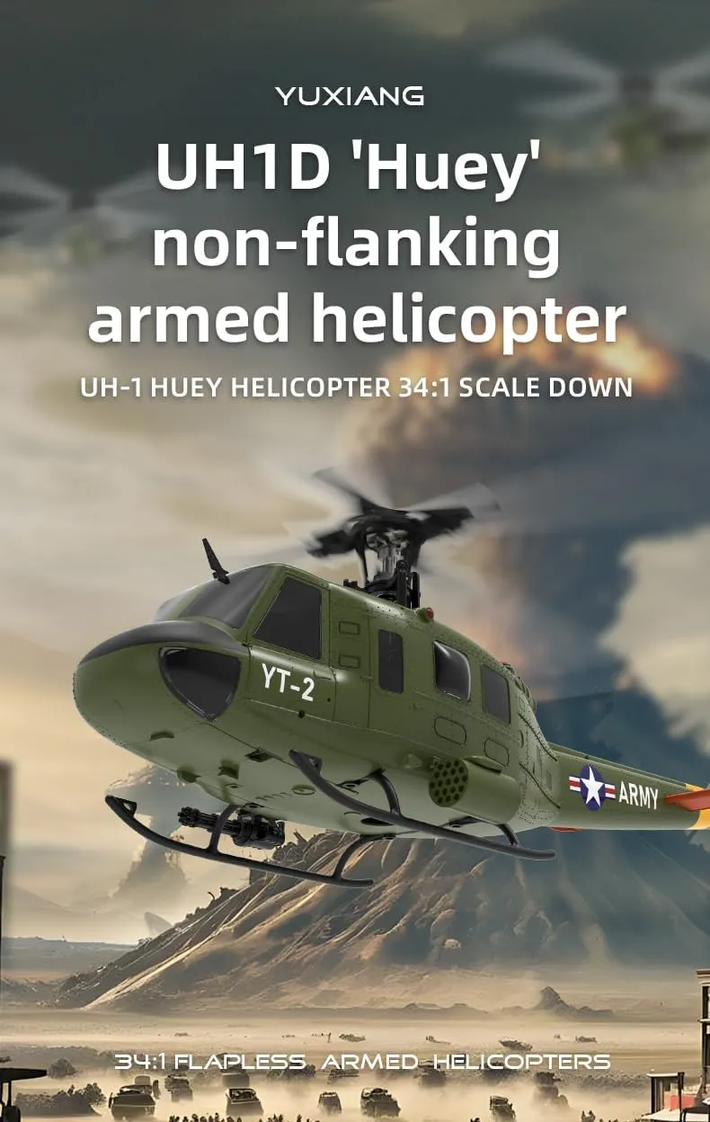 1/34 Scale UH-1 Huey RC Helicopter for Adults, 2.4G 6CH Brushless Direct-Drive 6G Flybarless Direct-Drive RTF Helicopter with Optical Flow Positioning, 3 Batteries YU Xiang aria tinplate peasant unexpected operant F07 