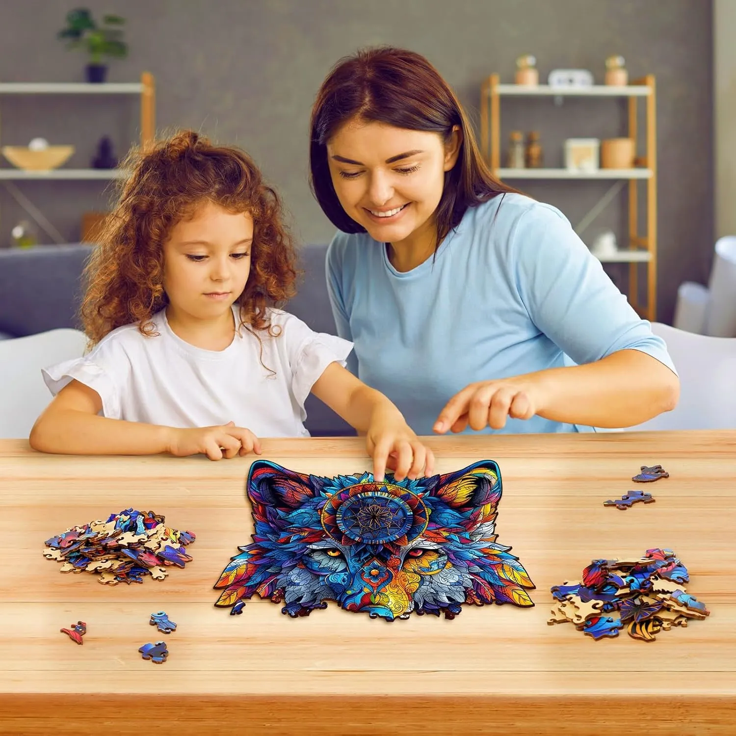 229 Pcs, 13.5" x 15.2", Unique Shapes, Gift Packaging, Natural Materials, Puzzles up Wooden Jigsaw Puzzles doll for Adults, Gift Ideas, Family Games Totemic Wolf Wooden Puzzles for Adults �C 