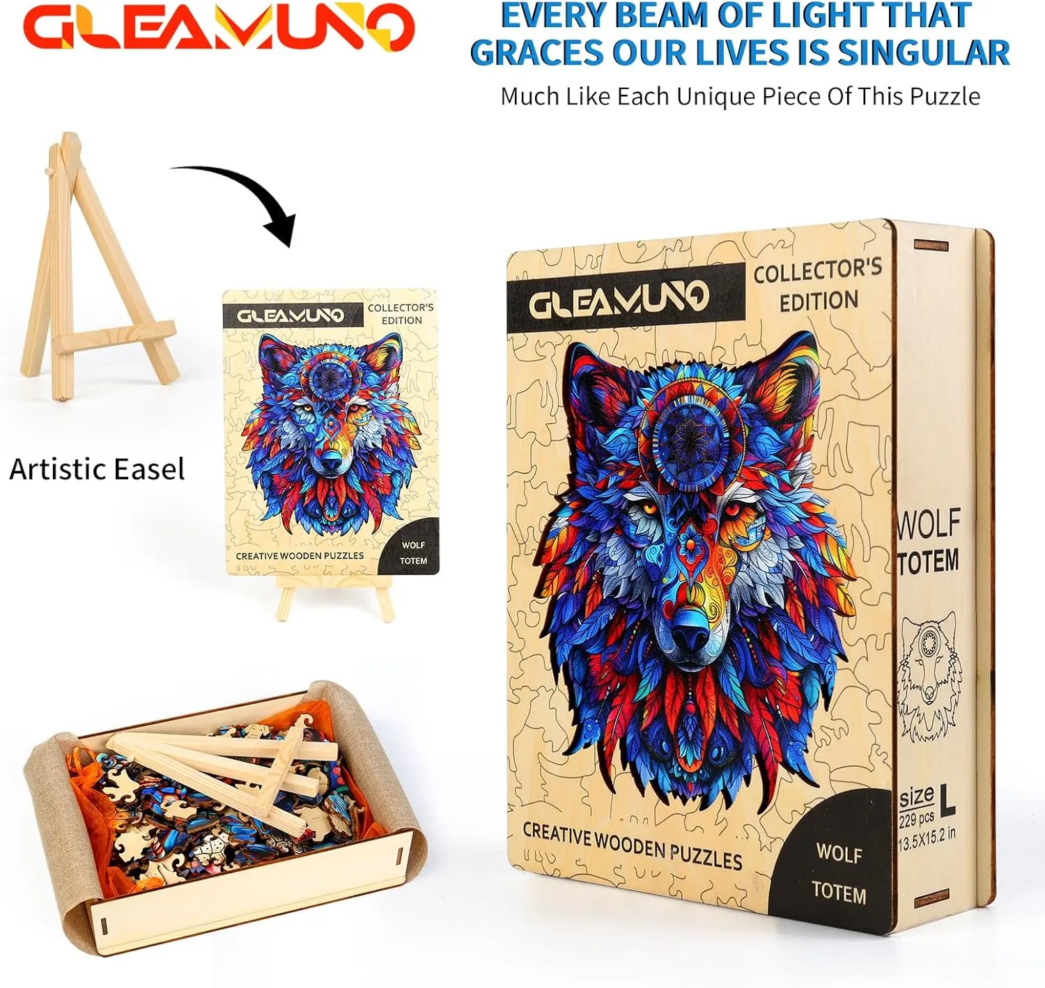 229 Pcs, 13.5" x 15.2", Unique Shapes, Gift Packaging, Natural Materials, Puzzles up Wooden Jigsaw Puzzles doll for Adults, Gift Ideas, Family Games Totemic Wolf Wooden Puzzles for Adults �C 