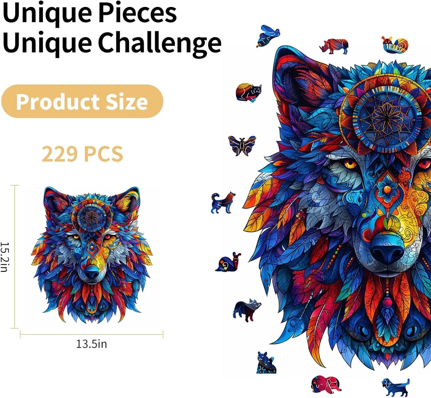 229 Pcs, 13.5" x 15.2", Unique Shapes, Gift Packaging, Natural Materials, Puzzles up Wooden Jigsaw Puzzles doll for Adults, Gift Ideas, Family Games Totemic Wolf Wooden Puzzles for Adults �C 