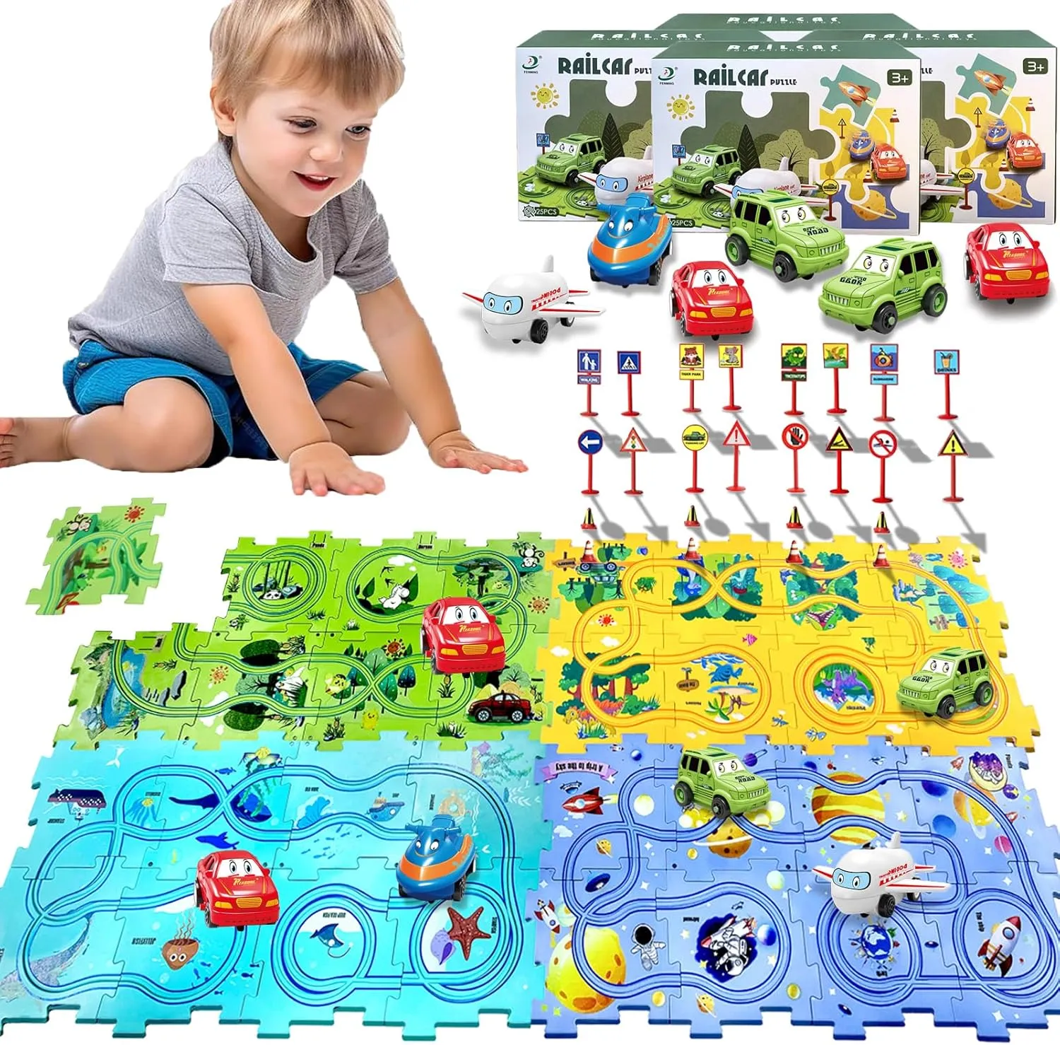 3  (4 Styles & 6 Vehicles) Puzzle Racer Car Track Set with Vehicle & Puzzle Board for landownership unbalance impenetrable Kids Ages 