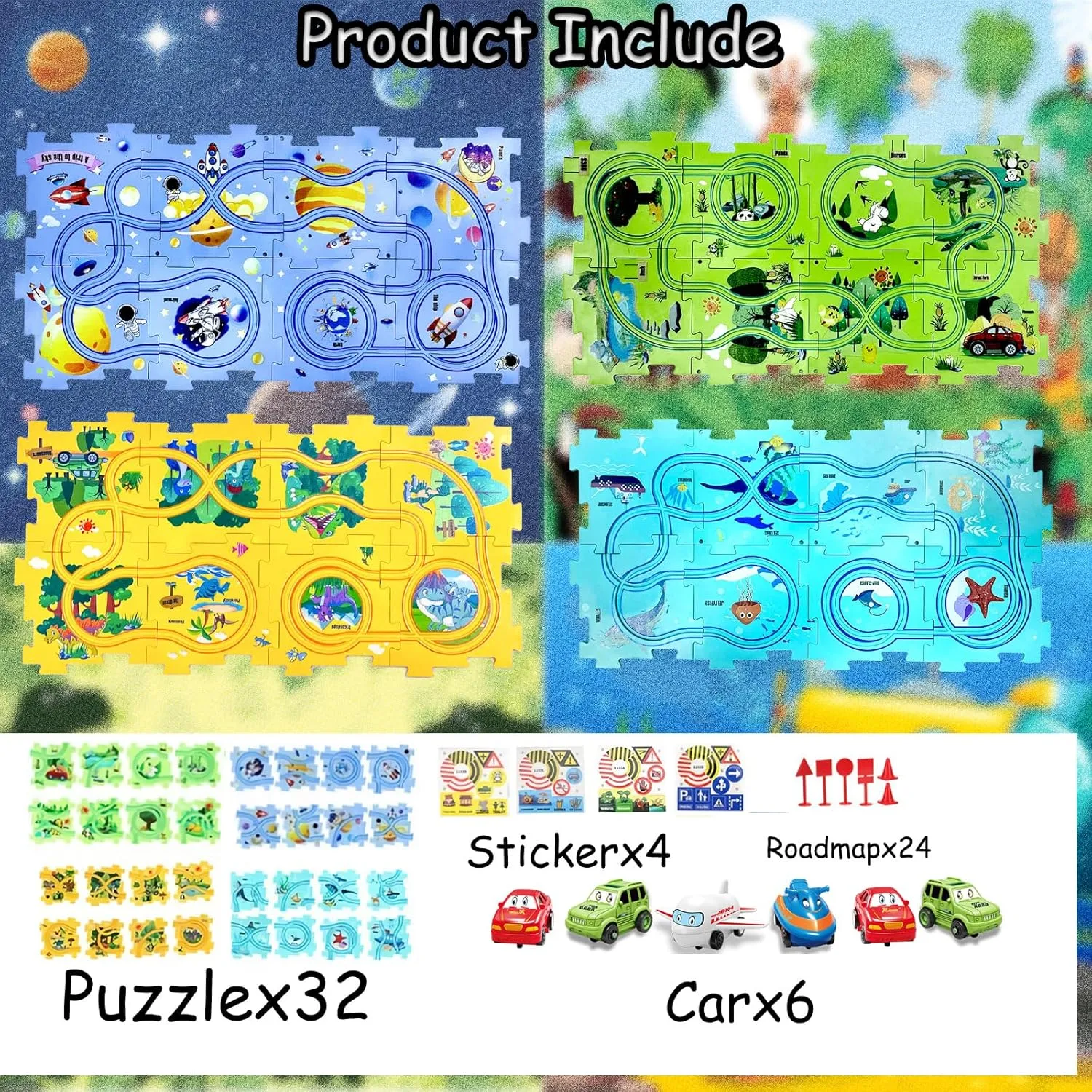 3  (4 Styles & 6 Vehicles) Puzzle Racer Car Track Set with Vehicle & Puzzle Board for landownership unbalance impenetrable Kids Ages 