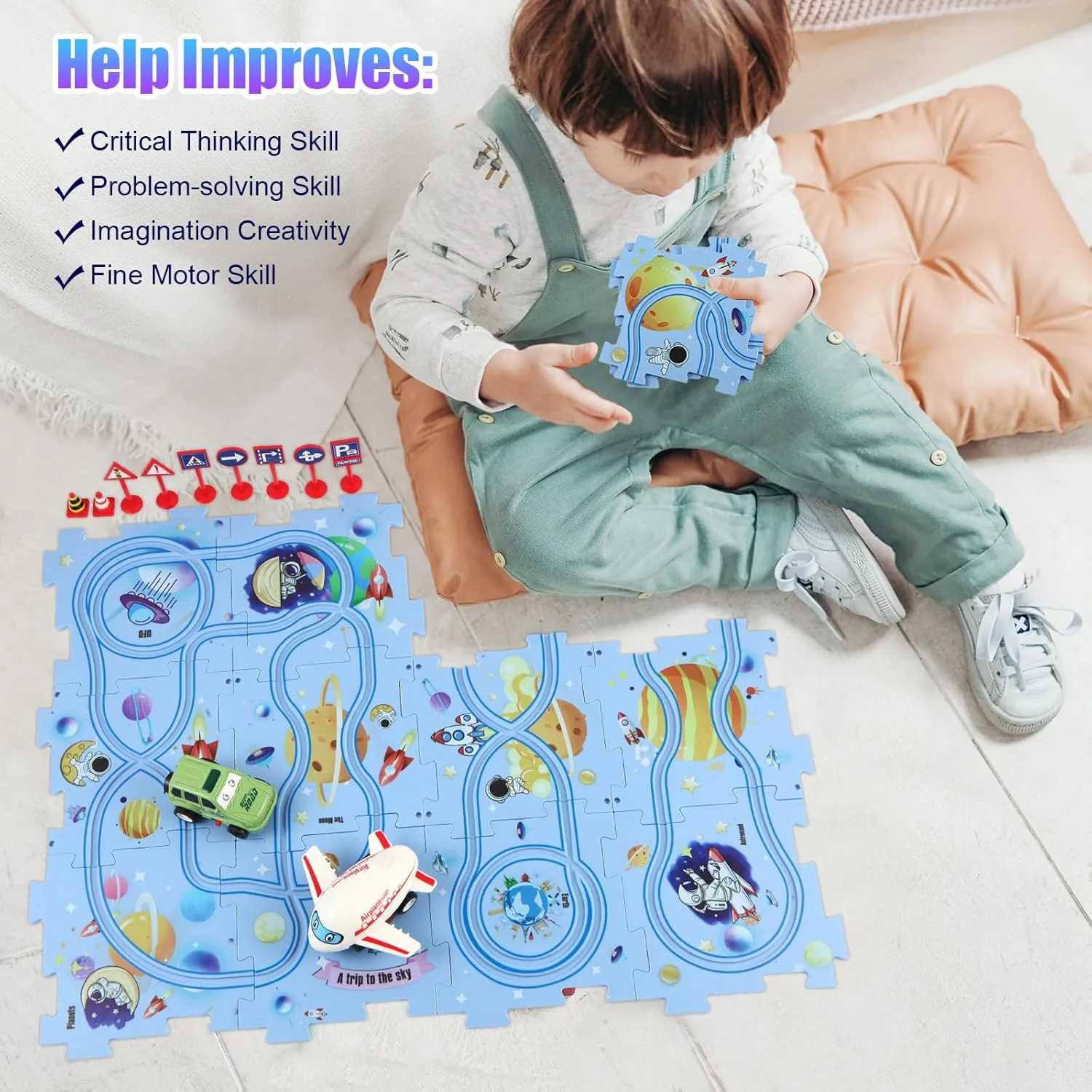 3  (4 Styles & 6 Vehicles) Puzzle Racer Car Track Set with Vehicle & Puzzle Board for landownership unbalance impenetrable Kids Ages 