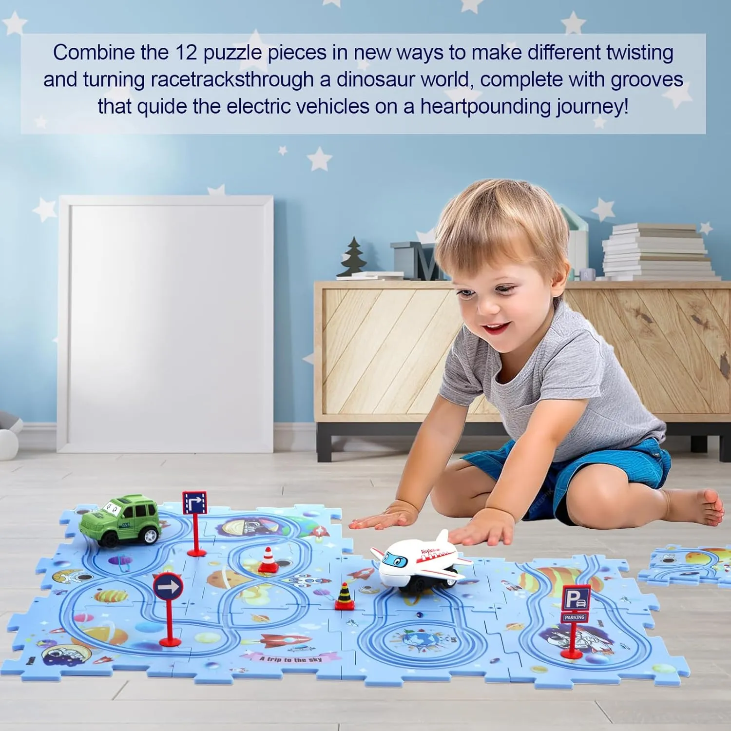 3  (4 Styles & 6 Vehicles) Puzzle Racer Car Track Set with Vehicle & Puzzle Board for landownership unbalance impenetrable Kids Ages 