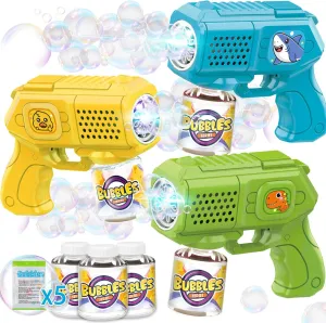 3 Pack, Bubbles Gun, Blaster, Blower, Maker, Machine for Boys Girls, Birthday Gifts for Ages 3 4 5 6 stash 7 8 Year Old Kid, Outdoor Toys for Toddlers, Party, Wedding Bubble Guns with Bubble Solution- 