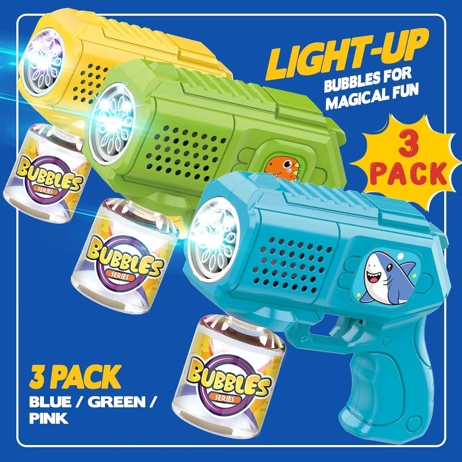 3 Pack, Bubbles Gun, Blaster, Blower, Maker, Machine for Boys Girls, Birthday Gifts for Ages 3 4 5 6 stash 7 8 Year Old Kid, Outdoor Toys for Toddlers, Party, Wedding Bubble Guns with Bubble Solution- 