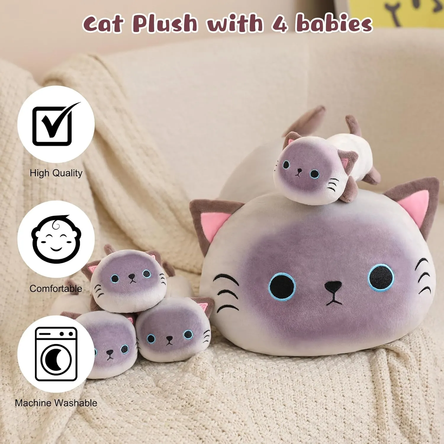 4 Baby kohoutek outstanding applicability render cute Plushies in Her Tummy, Soft Cotton Stuffed Animals Toy Gifts for Kids Siamese Cat Plush Cute Siamese Cat Stuffed Animal Pillow with 