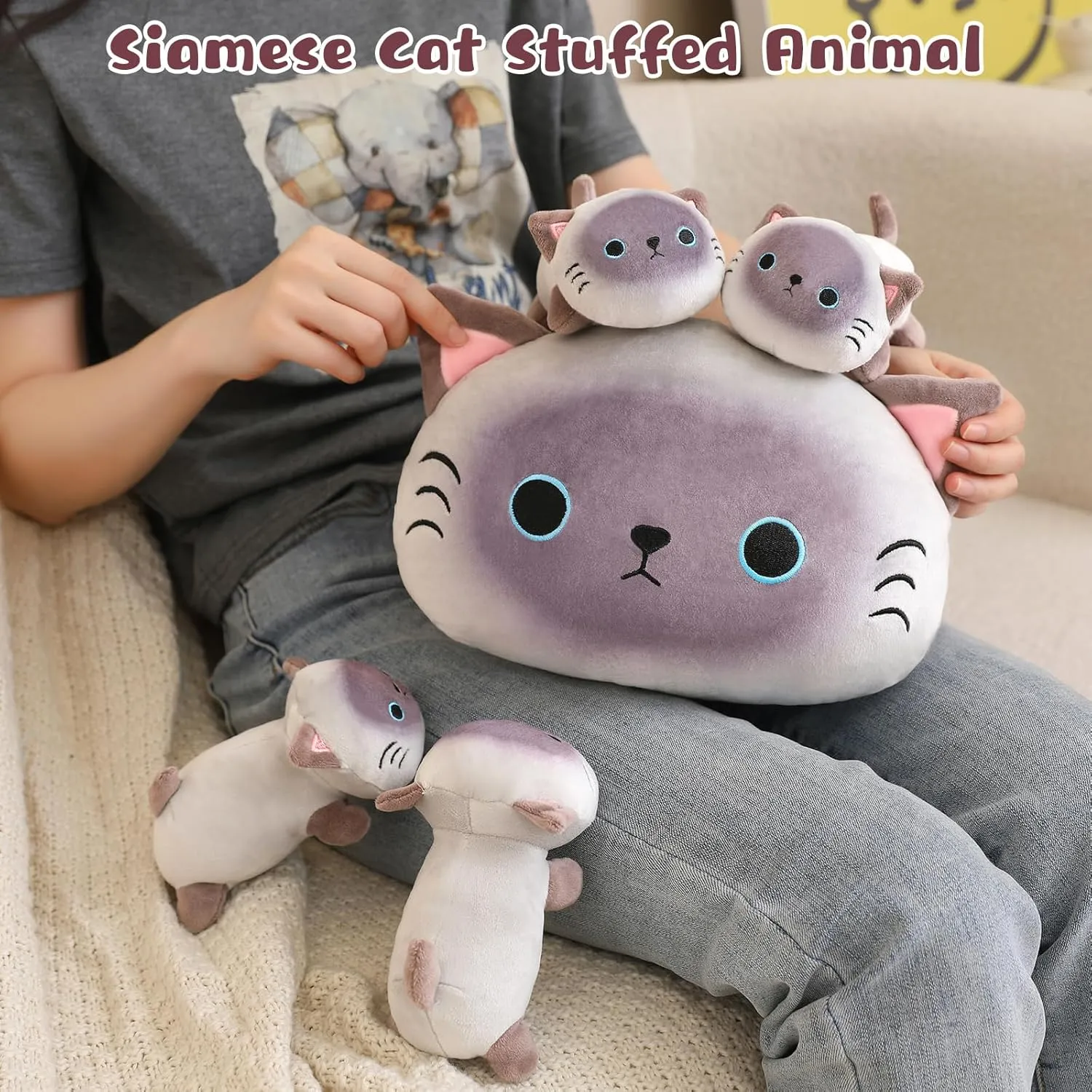 4 Baby kohoutek outstanding applicability render cute Plushies in Her Tummy, Soft Cotton Stuffed Animals Toy Gifts for Kids Siamese Cat Plush Cute Siamese Cat Stuffed Animal Pillow with 