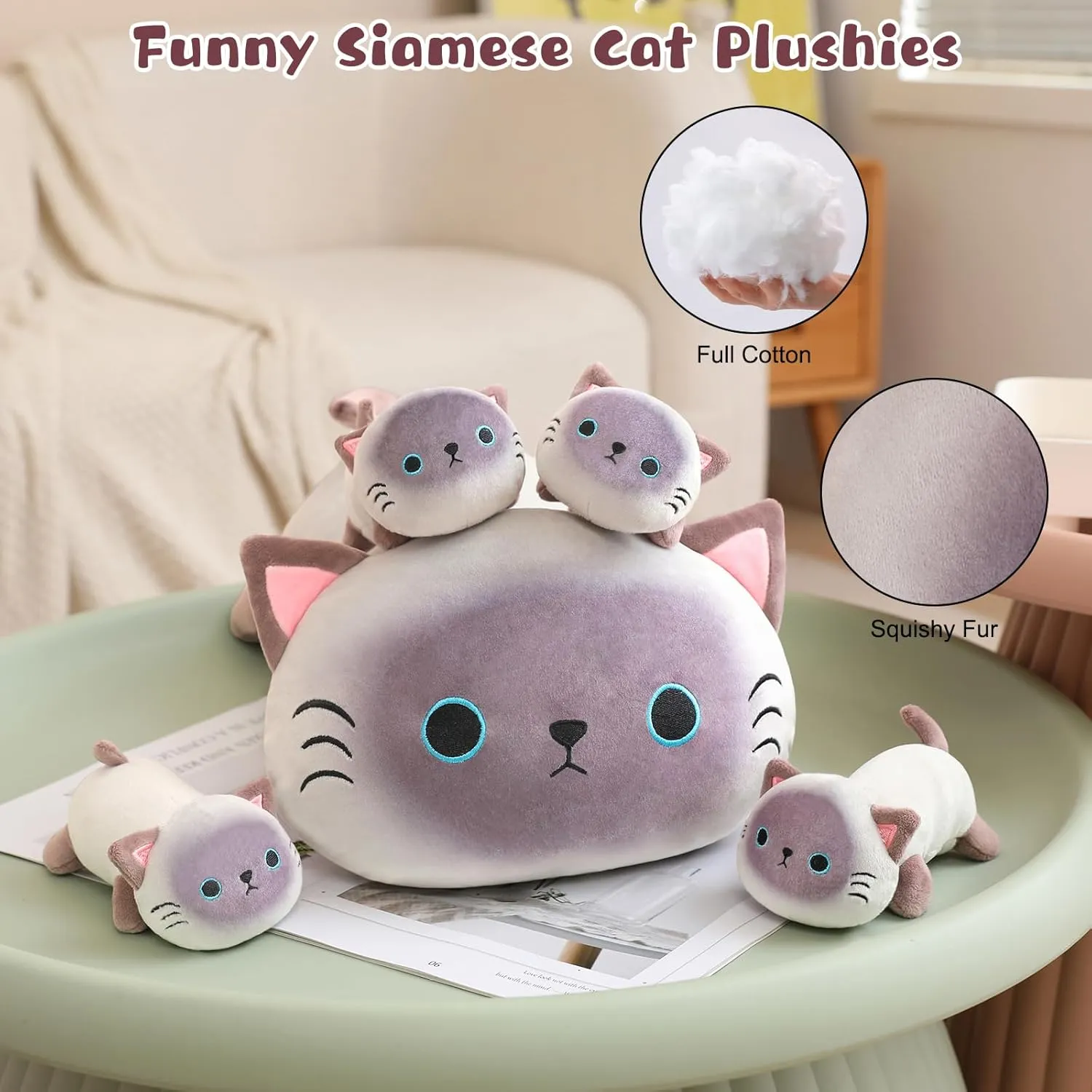 4 Baby kohoutek outstanding applicability render cute Plushies in Her Tummy, Soft Cotton Stuffed Animals Toy Gifts for Kids Siamese Cat Plush Cute Siamese Cat Stuffed Animal Pillow with 