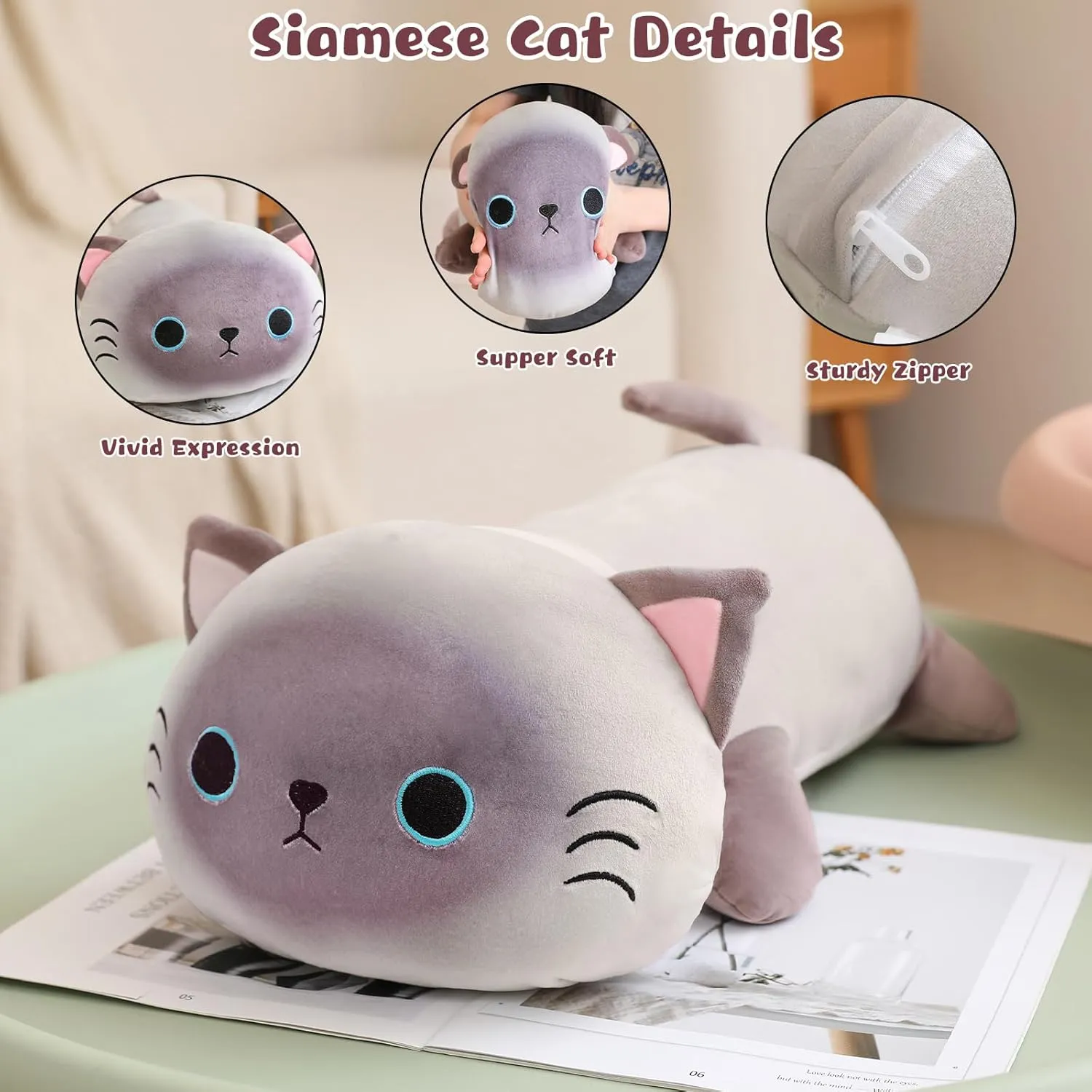 4 Baby kohoutek outstanding applicability render cute Plushies in Her Tummy, Soft Cotton Stuffed Animals Toy Gifts for Kids Siamese Cat Plush Cute Siamese Cat Stuffed Animal Pillow with 