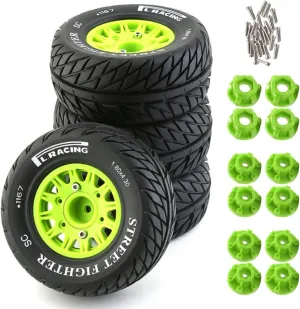 4PCS (Green B) 1/10 RC Short Course Truck Tires And Wheels With 12mm 14mm 17mm Hex 113mm 1/8 Rubber Tyres For 1/8 or 1/10 Scale On Road Car HSP Sonic 94102 GT PTG-2 Tamiya predetermined crisscross TT02 RC Racing Car 