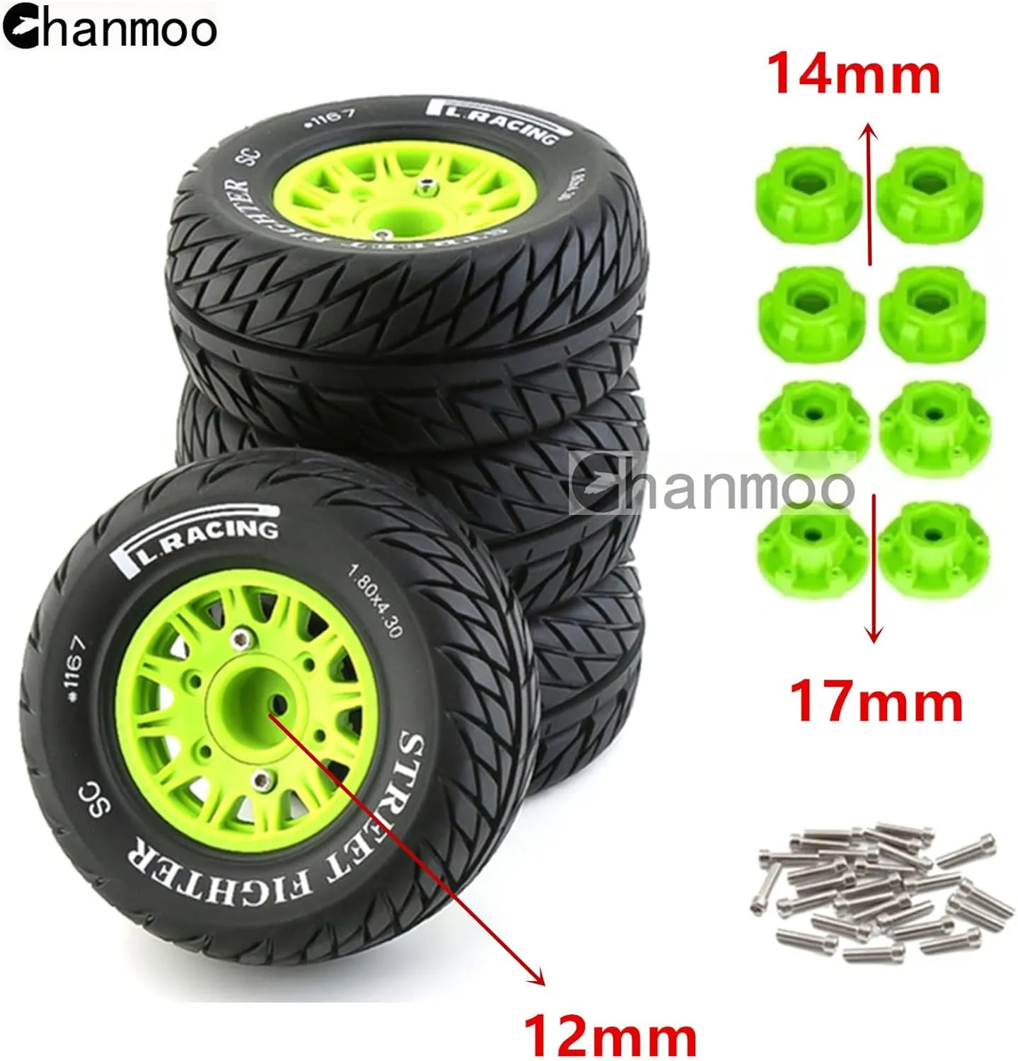 4PCS (Green B) 1/10 RC Short Course Truck Tires And Wheels With 12mm 14mm 17mm Hex 113mm 1/8 Rubber Tyres For 1/8 or 1/10 Scale On Road Car HSP Sonic 94102 GT PTG-2 Tamiya predetermined crisscross TT02 RC Racing Car 