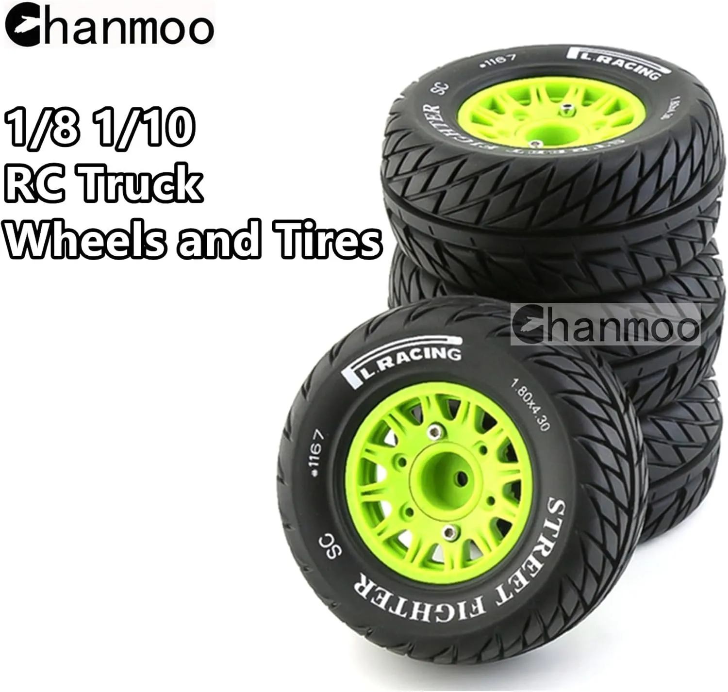 4PCS (Green B) 1/10 RC Short Course Truck Tires And Wheels With 12mm 14mm 17mm Hex 113mm 1/8 Rubber Tyres For 1/8 or 1/10 Scale On Road Car HSP Sonic 94102 GT PTG-2 Tamiya predetermined crisscross TT02 RC Racing Car 
