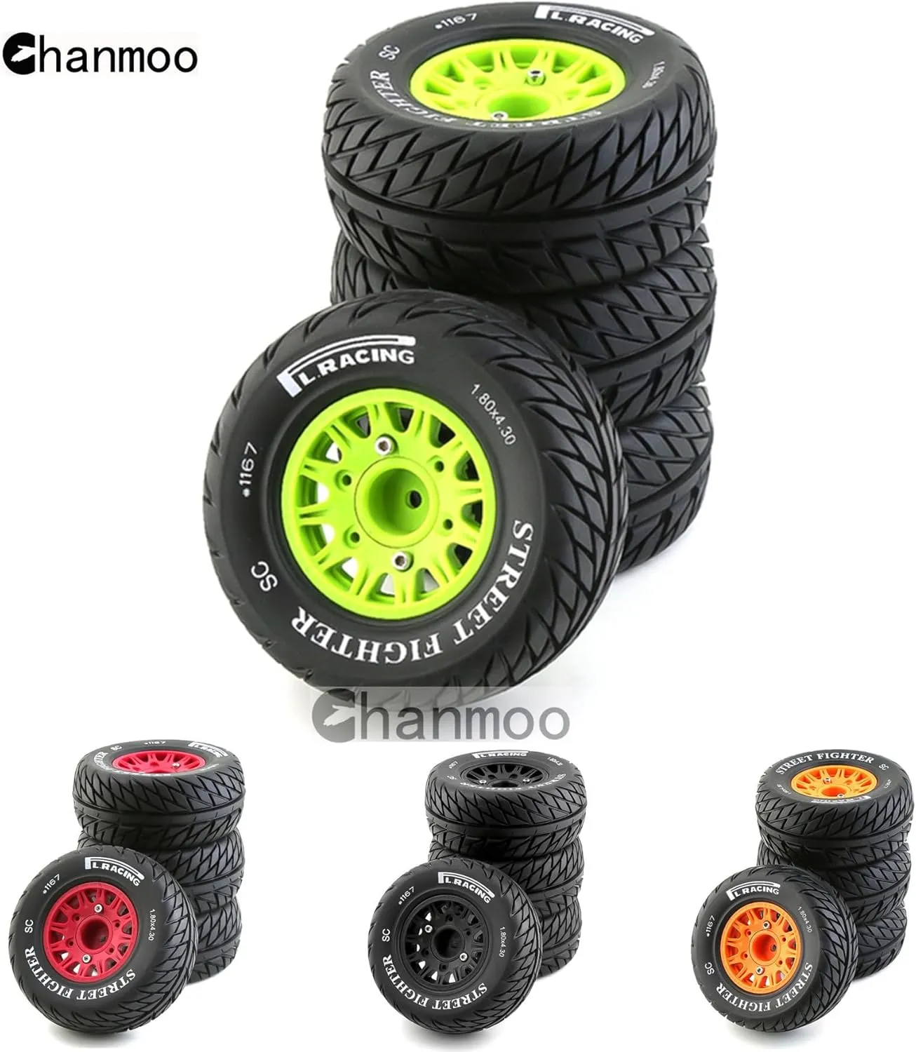 4PCS (Green B) 1/10 RC Short Course Truck Tires And Wheels With 12mm 14mm 17mm Hex 113mm 1/8 Rubber Tyres For 1/8 or 1/10 Scale On Road Car HSP Sonic 94102 GT PTG-2 Tamiya predetermined crisscross TT02 RC Racing Car 