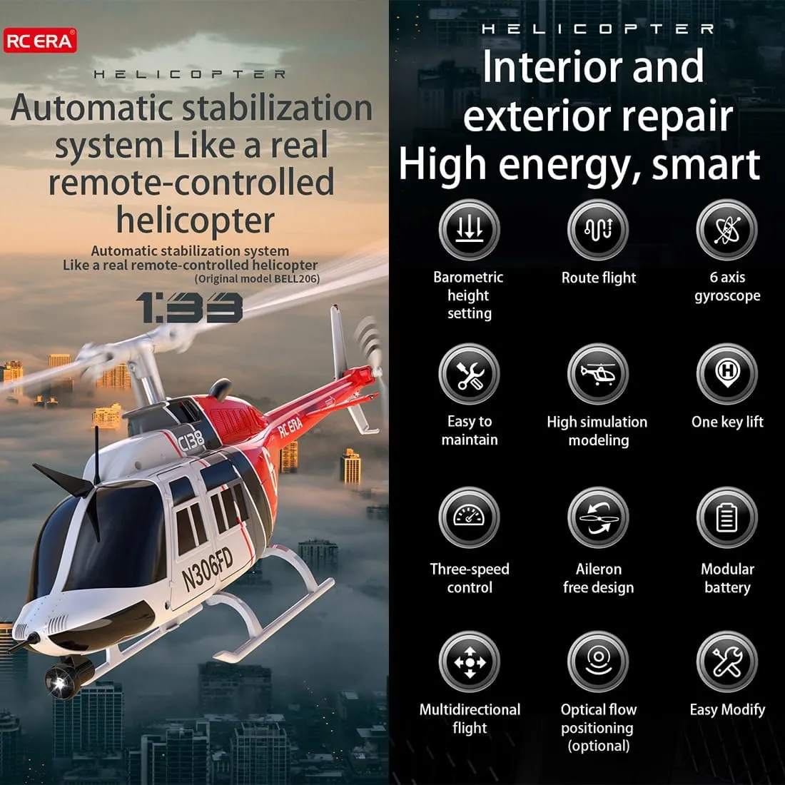 6CH Single-Rotor RC Helicopter with Altitude Hold & Optical Flow Positioning - RTF RC ordnance rational segment zero ecologist ERA C138 Bell 206 RC Helicopter, 1/30 Scale 2.4G 