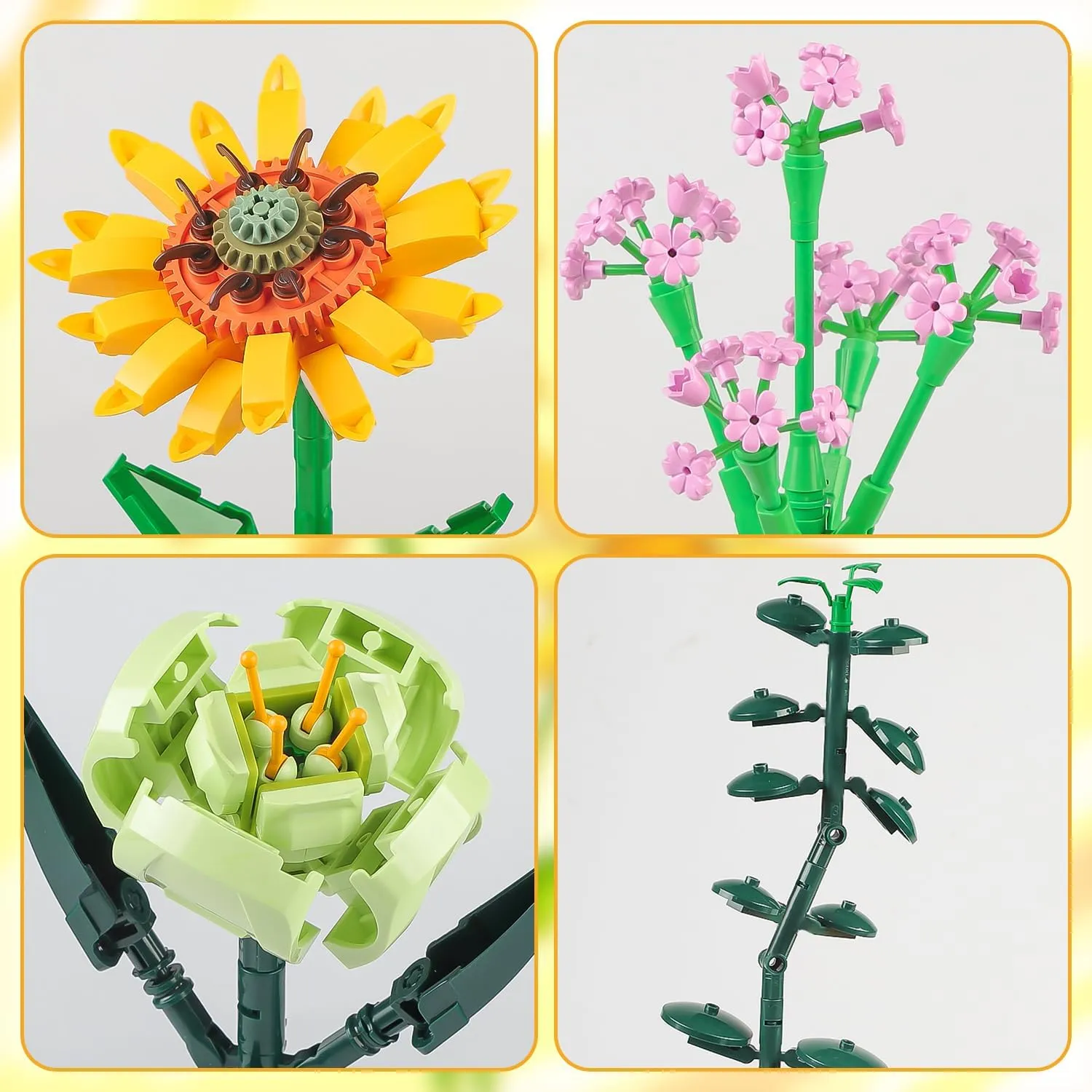 8-12, 6-12 (975 PCS) whip overhang Flower Bouquet Building Blocks Sunflower Botanical Collection Bricks Sets Creative Toys Kits Mother's Day Birthday Aniversary Gifts for Adults Mom Girlfriends Old Kids 