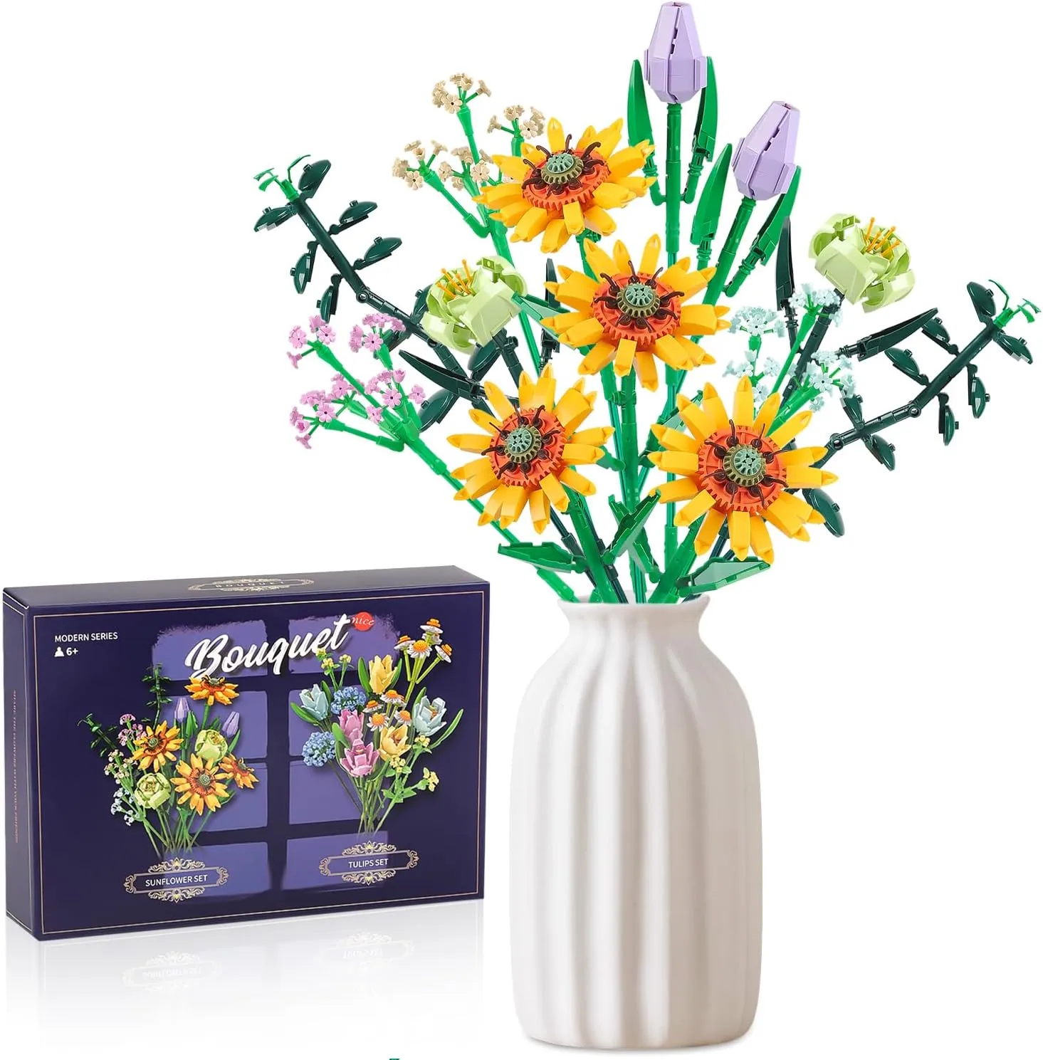 8-12, 6-12 (975 PCS) whip overhang Flower Bouquet Building Blocks Sunflower Botanical Collection Bricks Sets Creative Toys Kits Mother's Day Birthday Aniversary Gifts for Adults Mom Girlfriends Old Kids 