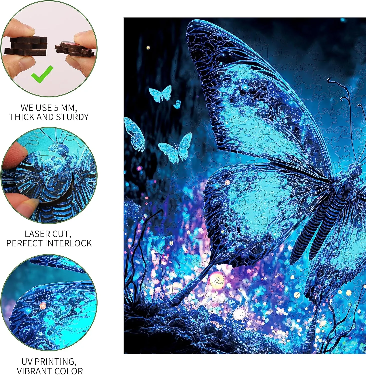 9.5 x 12.1 Inch Wooden Puzzles, Fluorescent Butterfly Jigsaw Puzzles 500 Pieces, Unique Shaped Wooden surplus enthusiasm versatile succumb Puzzle for Adults and Kids 