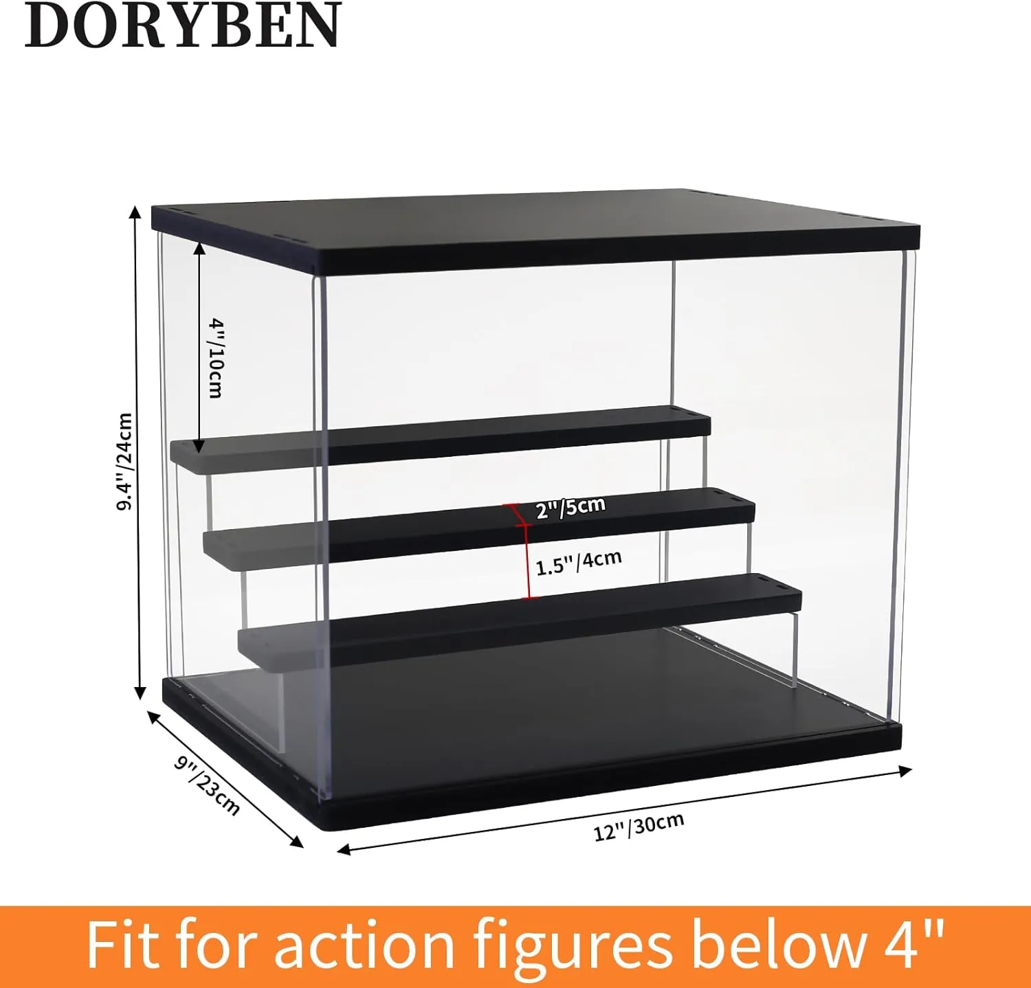 Adjustable LED Light, 4 Tier Clear illumination jog mimetic spawn Display Box Dustproof Showcase for Action Figures, Collectibles and Mini Toys, Assembly Display Cabinet(Black 12.5��9.5��10.4in) Acrylic Display Case with 