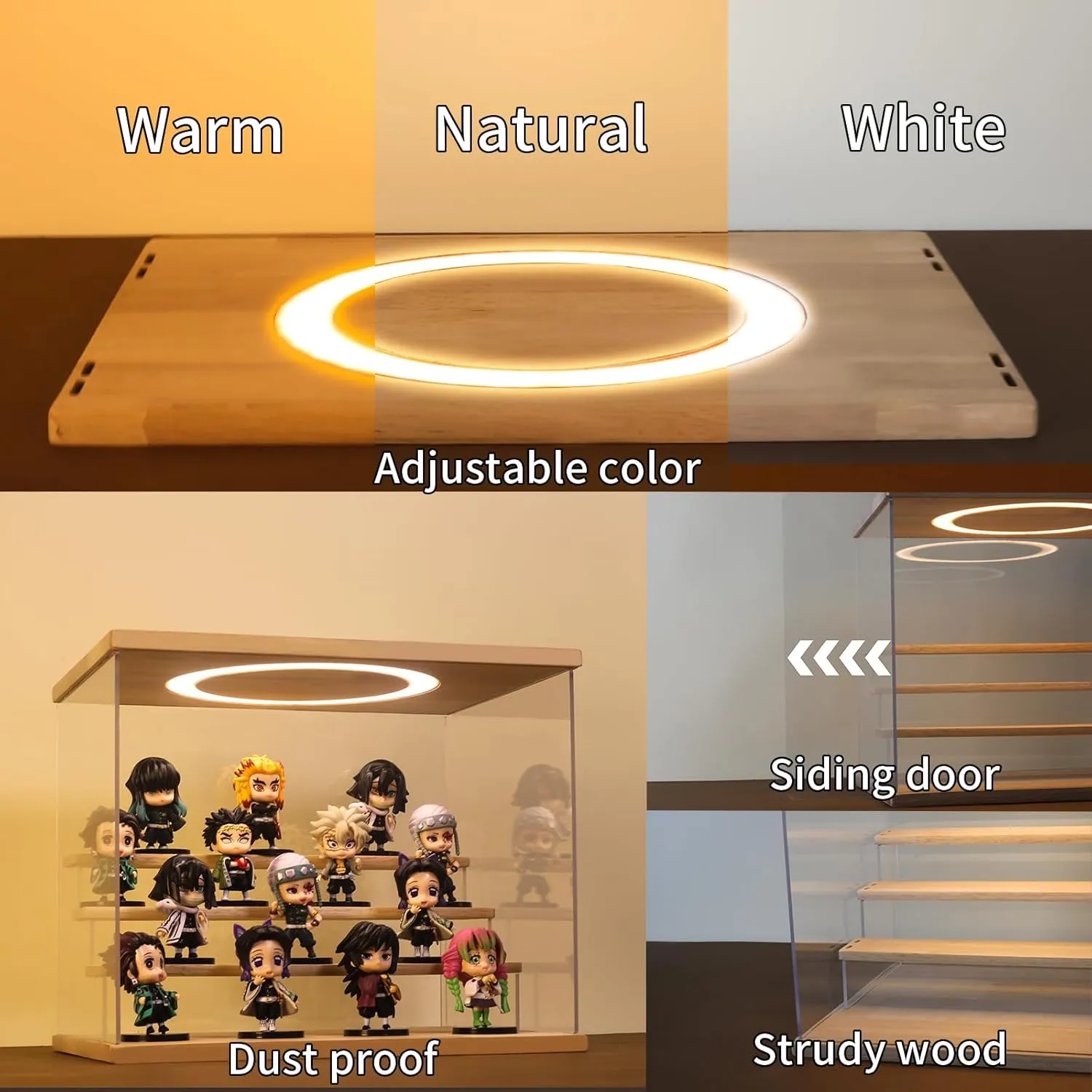 Adjustable LED Light, 4 Tier Clear illumination jog mimetic spawn Display Box Dustproof Showcase for Action Figures, Collectibles and Mini Toys, Assembly Display Cabinet(Black 12.5��9.5��10.4in) Acrylic Display Case with 