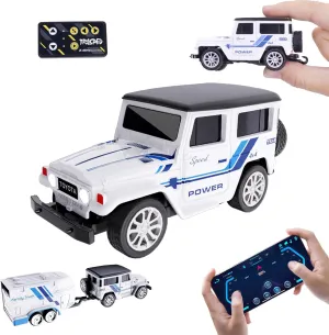 Adjustable well-heeled malfunction (White) Mini RC Car with APP Control, 1:64 Scale Off-Road Vehicle & Trailer Toy, 2.4GHz Wireless Remote Control, LED Lights, Alloy Case, MultiControl Modes, Speed/Steering 