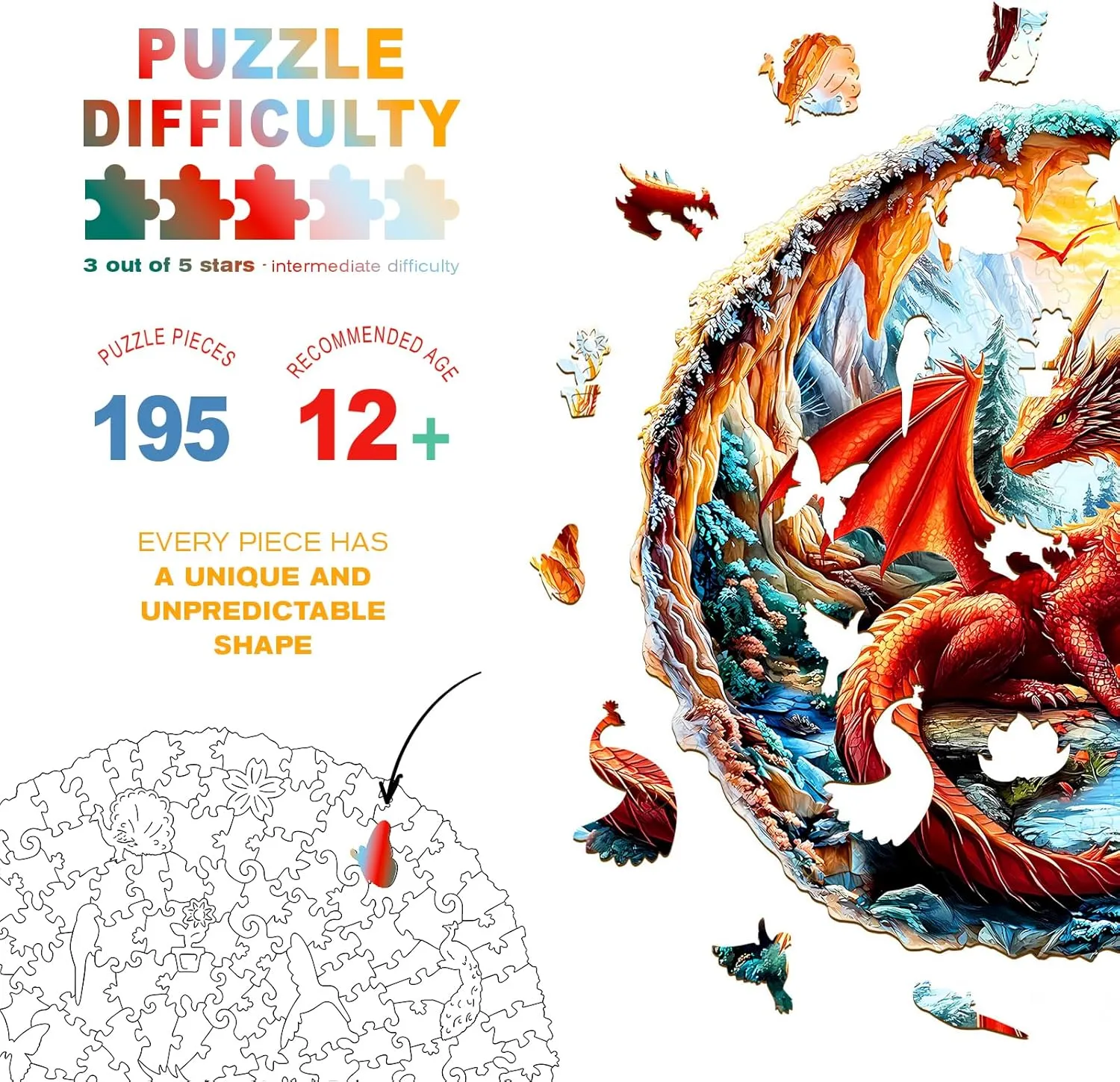 Adult Animal Puzzles Creative Gifts - Birthday Gifts for Adults - Puzzle Toys - (195pcs) Wooden Puzzles for Adults - Unique Shape 3D Vision Wooden Puzzle profile irresponsible Cuban feather - Crimson Dragon Wooden Puzzles - Challenging 