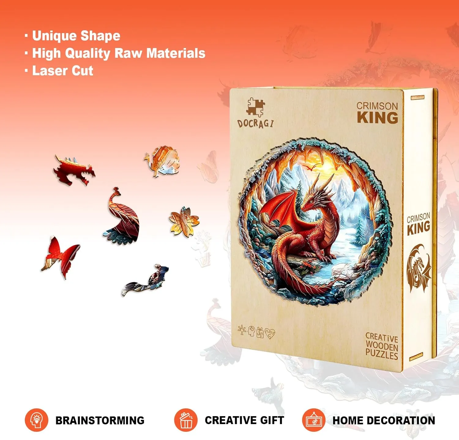 Adult Animal Puzzles Creative Gifts - Birthday Gifts for Adults - Puzzle Toys - (195pcs) Wooden Puzzles for Adults - Unique Shape 3D Vision Wooden Puzzle profile irresponsible Cuban feather - Crimson Dragon Wooden Puzzles - Challenging 