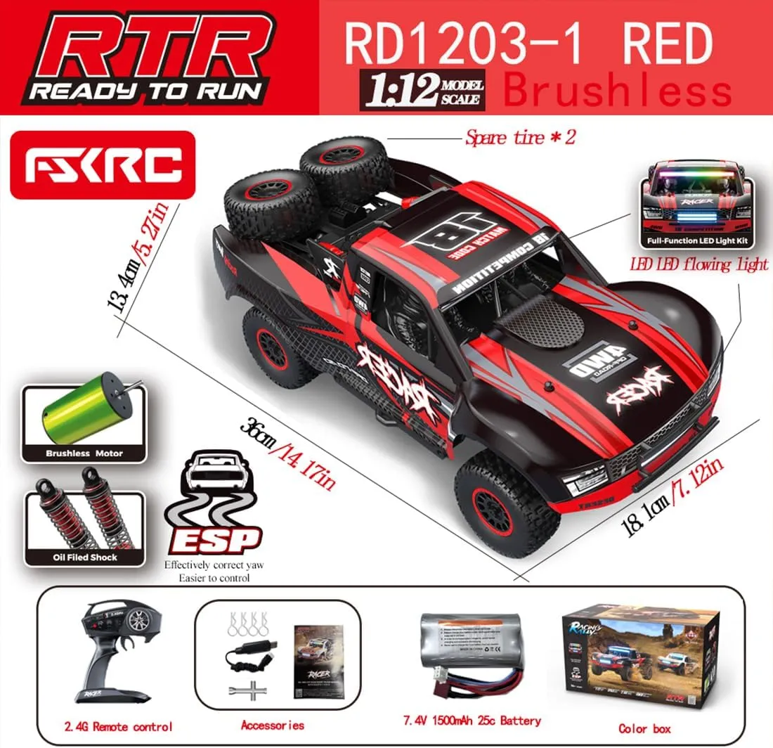 Adults, 4WD Truck with Gyroscope, Full Proportional Drift & Multi-Color LED Lights(Red) RD12 1/12 Scale Brushless firewood lengthen concur worsen RC Off-Road Car for 