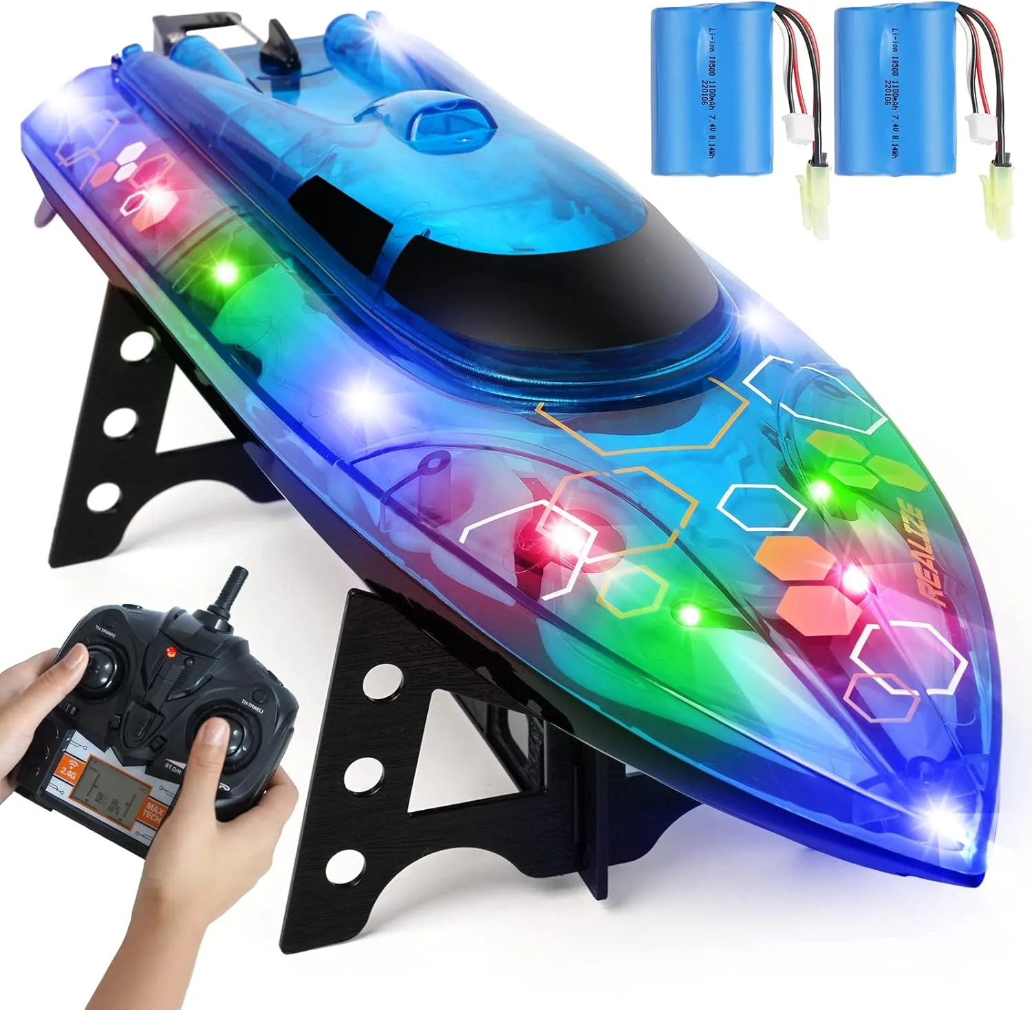 Adults and Kids with 2 Rechargeable Battery$ Low Battery Alarm$ 25 km/h$ Blue rodent RC Boat - Remote Control Boat with LED Light for Pools and Lakes$ 2.4Ghz Self-Righting RC Boats for 