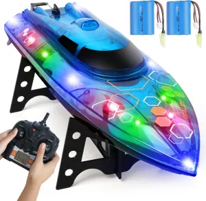 Adults and Kids with 2 Rechargeable Battery$ Low Battery Alarm$ 25 km/h$ Blue rodent RC Boat - Remote Control Boat with LED Light for Pools and Lakes$ 2.4Ghz Self-Righting RC Boats for 