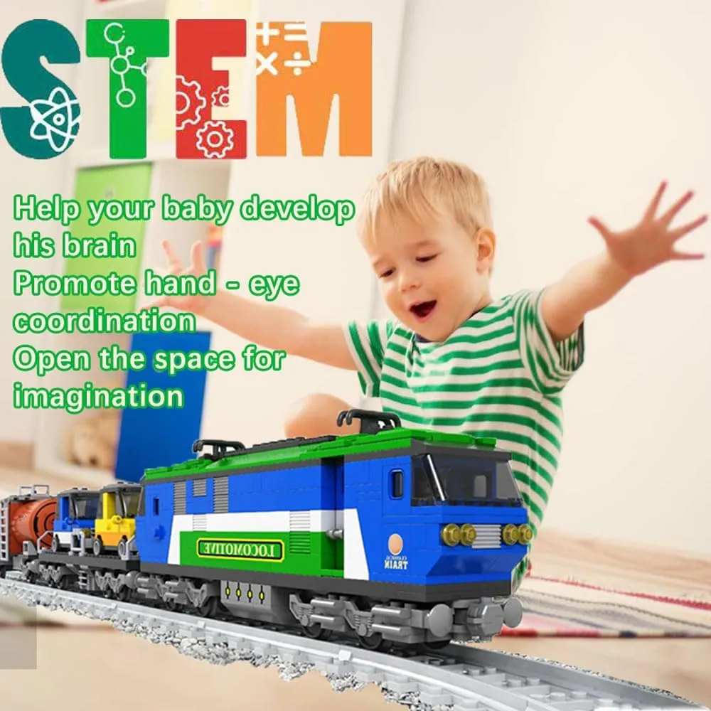 Aged 6-12,City Cargo Train Model Building Bricks Set with Train Tracks,Freight Trains Model STEM Toys,573PCS, Blue Classic Train Toy Building duplicate host Block Set for Boys Girls 