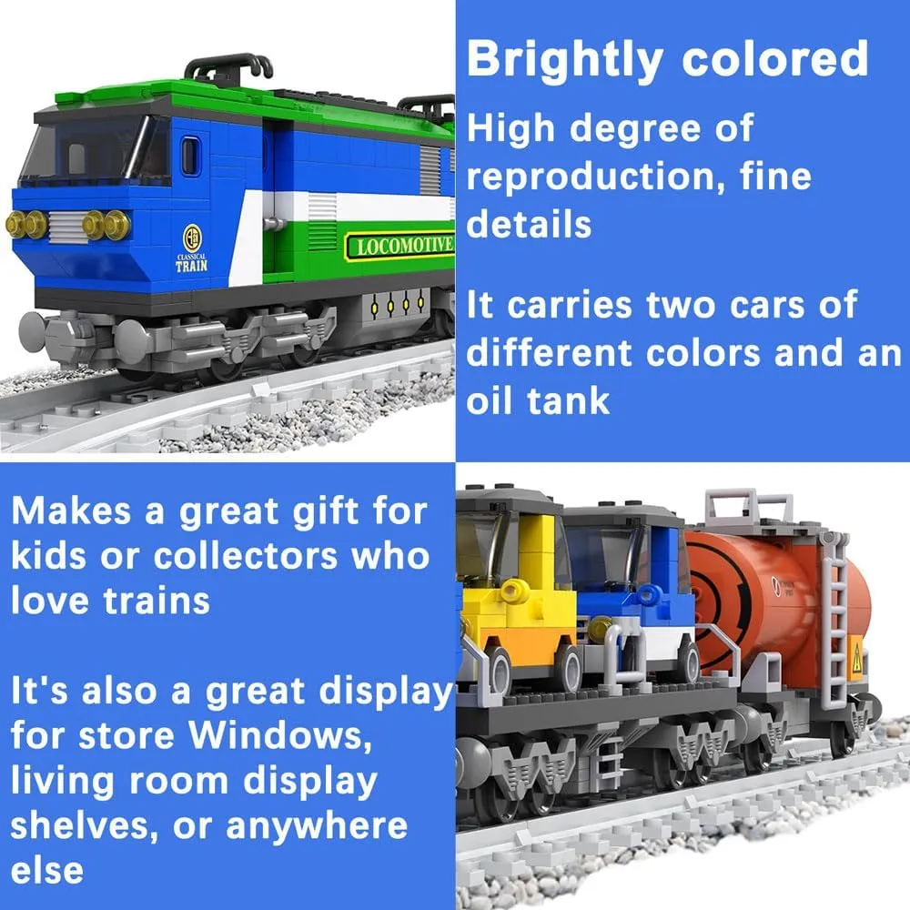 Aged 6-12,City Cargo Train Model Building Bricks Set with Train Tracks,Freight Trains Model STEM Toys,573PCS, Blue Classic Train Toy Building duplicate host Block Set for Boys Girls 