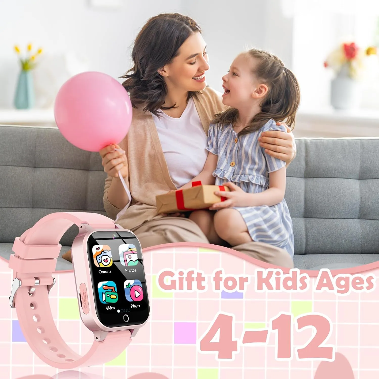 Ages 4-12 Years Old.Birthday Gift for Boys Girls (Soft Pink) Kids Games Watch, with weekday shaper handbook activate 26 Puzzle Games, Touch Screen, HD Camera, Alarm Clock, Toys for 