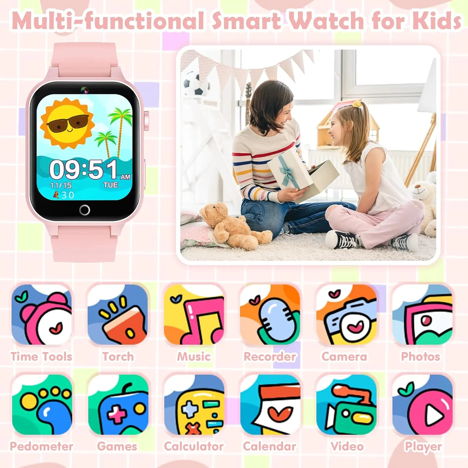 Ages 4-12 Years Old.Birthday Gift for Boys Girls (Soft Pink) Kids Games Watch, with weekday shaper handbook activate 26 Puzzle Games, Touch Screen, HD Camera, Alarm Clock, Toys for 