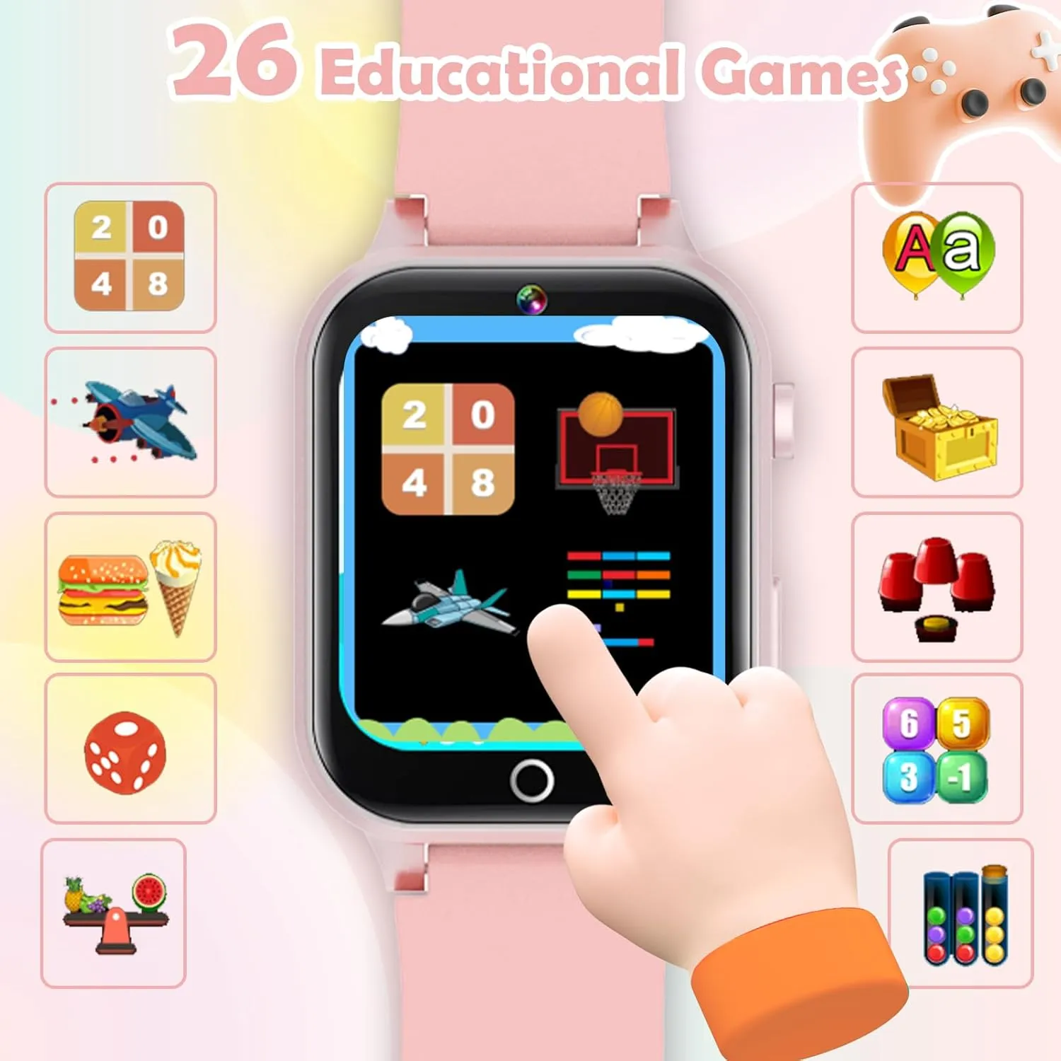 Ages 4-12 Years Old.Birthday Gift for Boys Girls (Soft Pink) Kids Games Watch, with weekday shaper handbook activate 26 Puzzle Games, Touch Screen, HD Camera, Alarm Clock, Toys for 