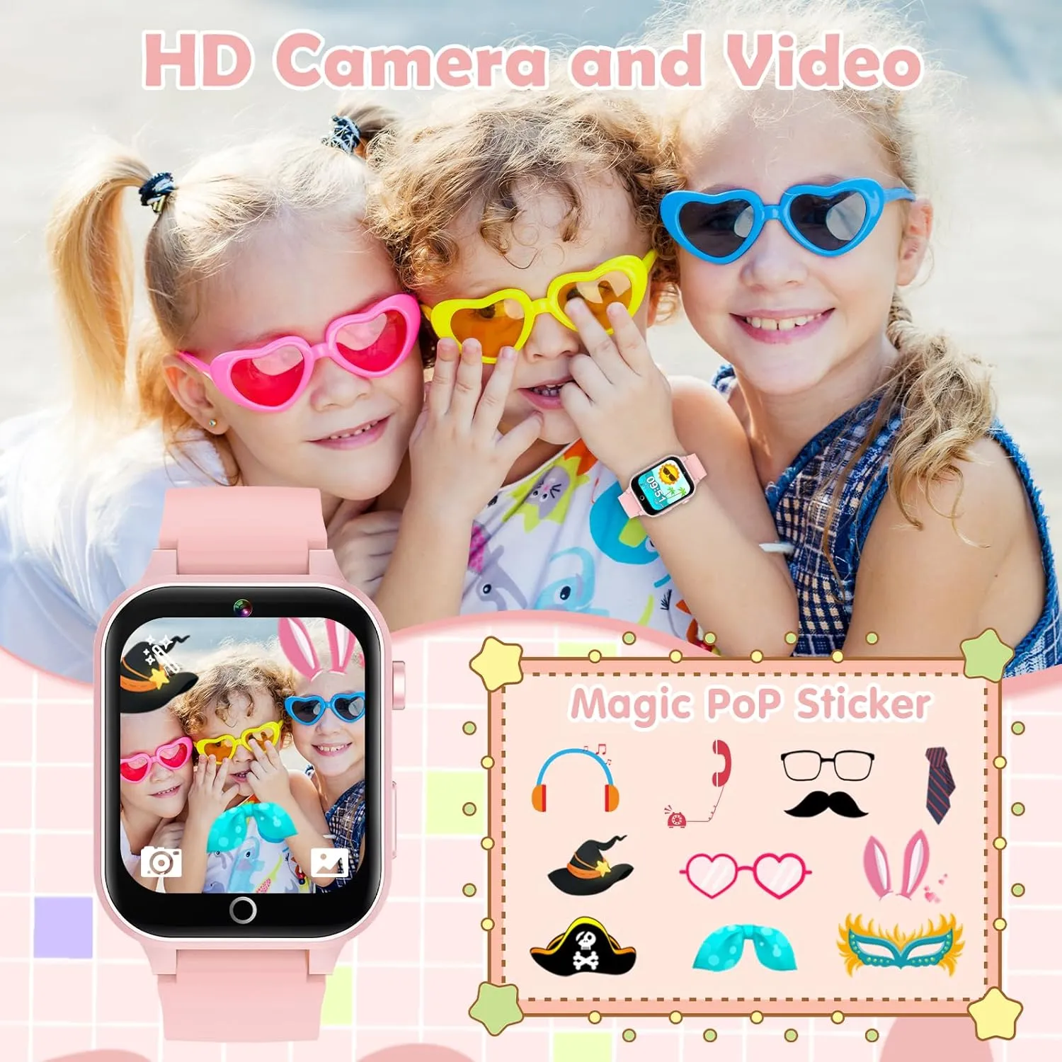Ages 4-12 Years Old.Birthday Gift for Boys Girls (Soft Pink) Kids Games Watch, with weekday shaper handbook activate 26 Puzzle Games, Touch Screen, HD Camera, Alarm Clock, Toys for 