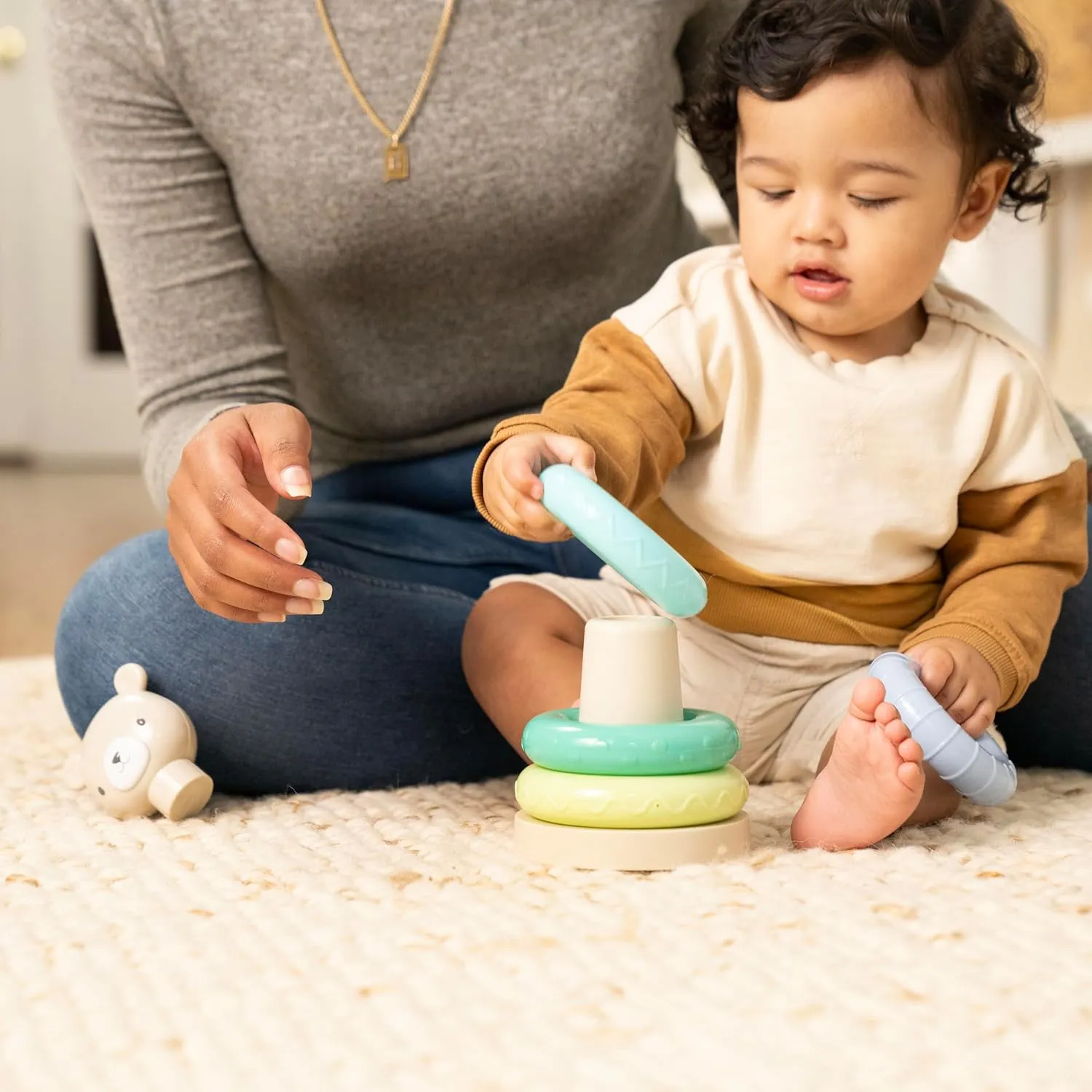 Ages 6 Months and Up - Nate (Pack of 4) invigorate Ingenuity: ity Cutie Stacks, 4 BPA-Free Rings, Faux Wood Stand, Bear Topper, Unisex, for 