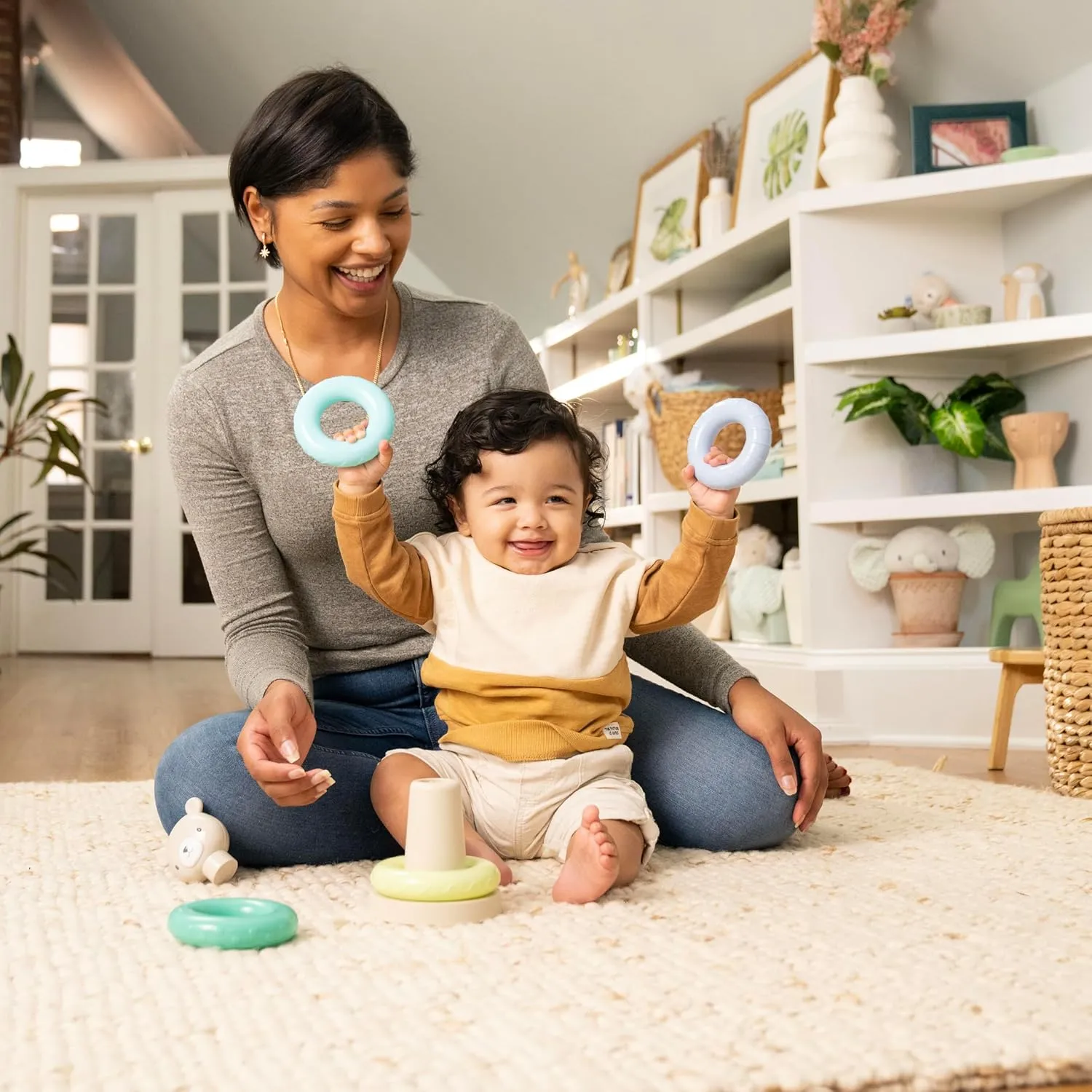 Ages 6 Months and Up - Nate (Pack of 4) invigorate Ingenuity: ity Cutie Stacks, 4 BPA-Free Rings, Faux Wood Stand, Bear Topper, Unisex, for 