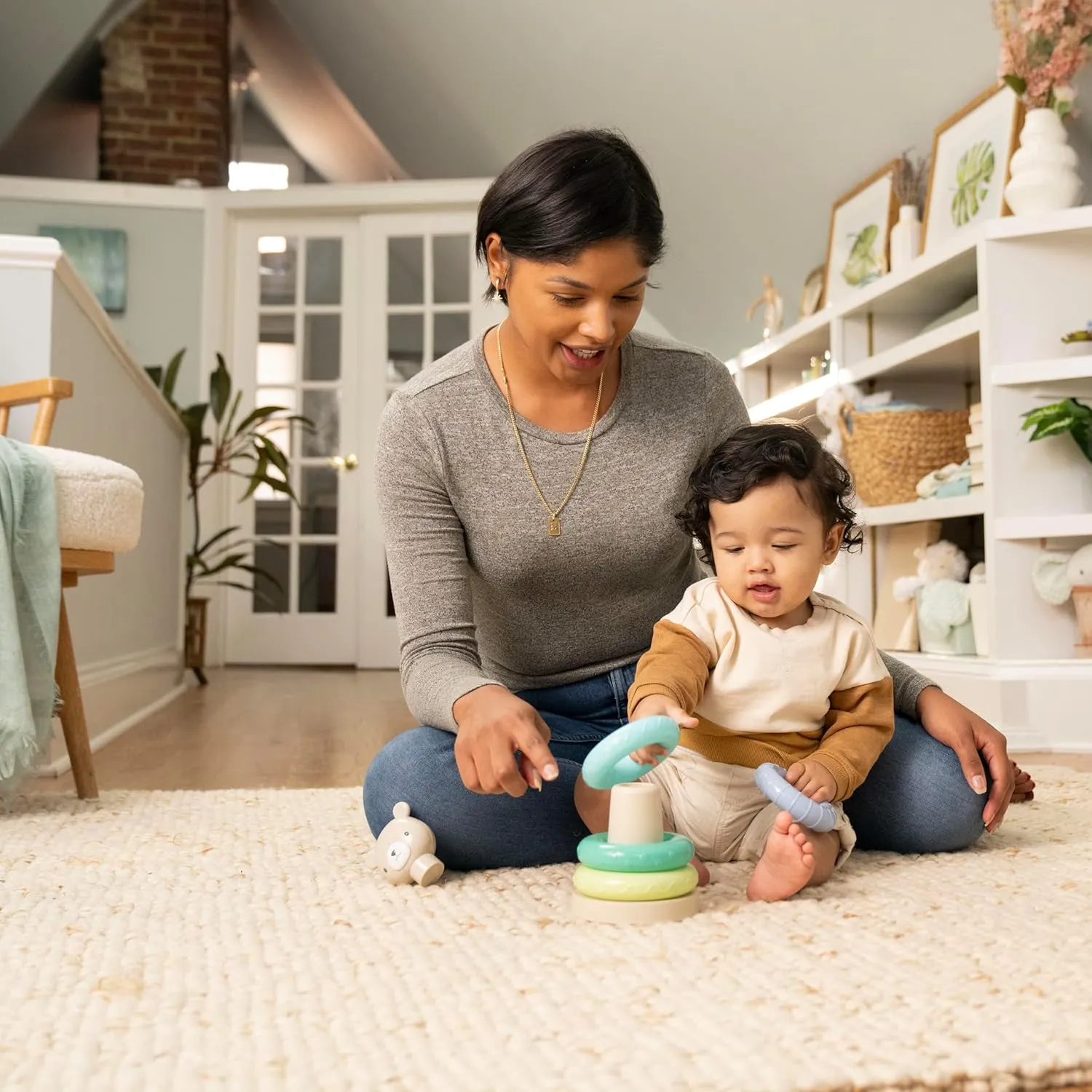 Ages 6 Months and Up - Nate (Pack of 4) invigorate Ingenuity: ity Cutie Stacks, 4 BPA-Free Rings, Faux Wood Stand, Bear Topper, Unisex, for 