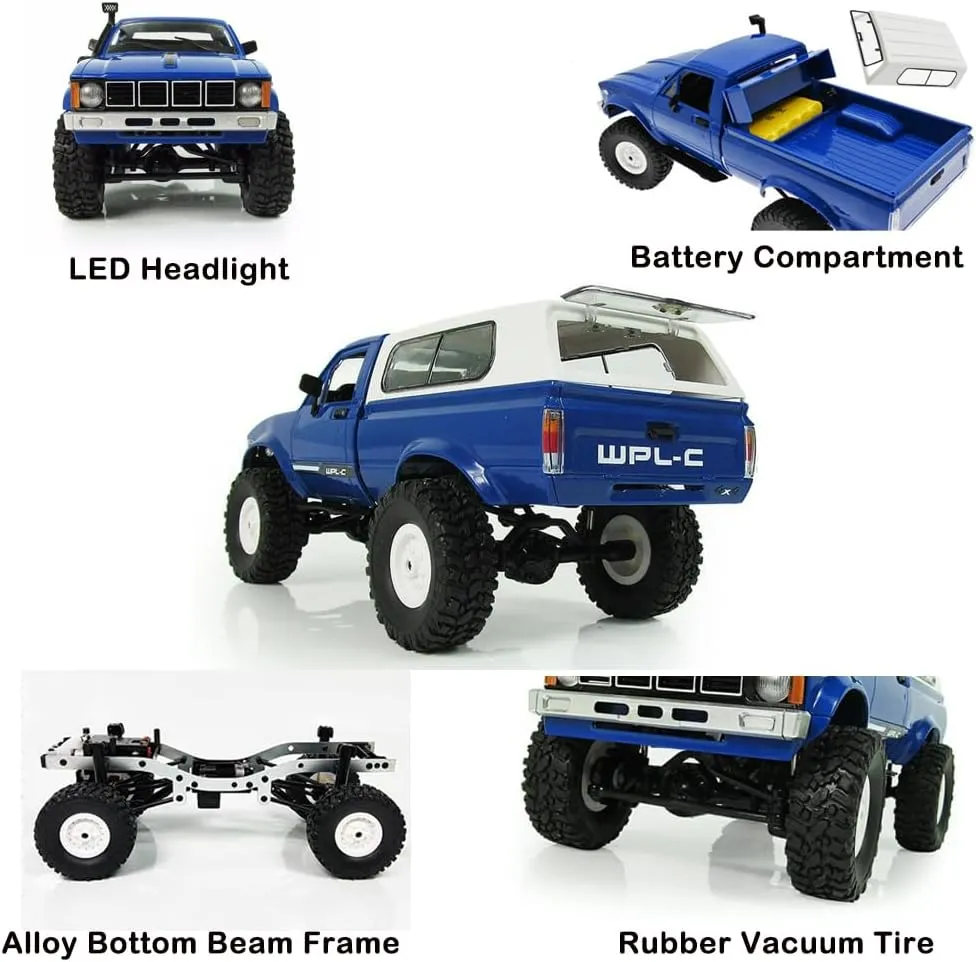 All Terrain Off Road Pickup Truck, 2.4GHz RC Climbing Car with pearl LED Light, 2 Batteries for Adults (Blue) GoolRC RC Truck, WPL C24 RC Crawler 1/16 Scale Remote Control Car, 4WD 